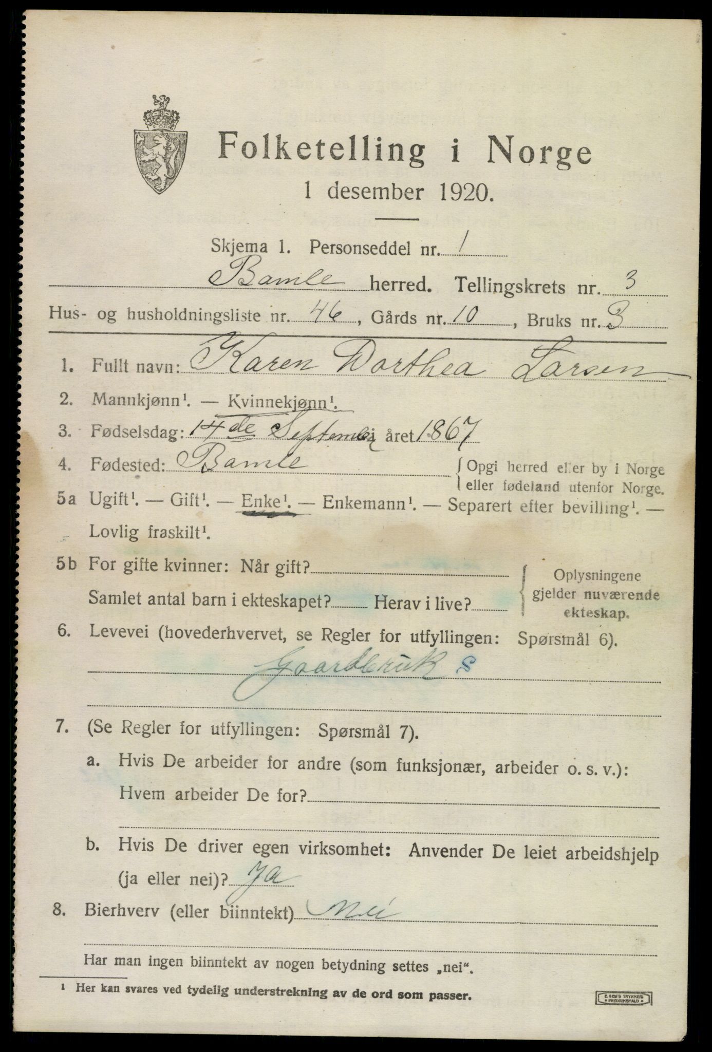 SAKO, 1920 census for Bamble, 1920, p. 4299