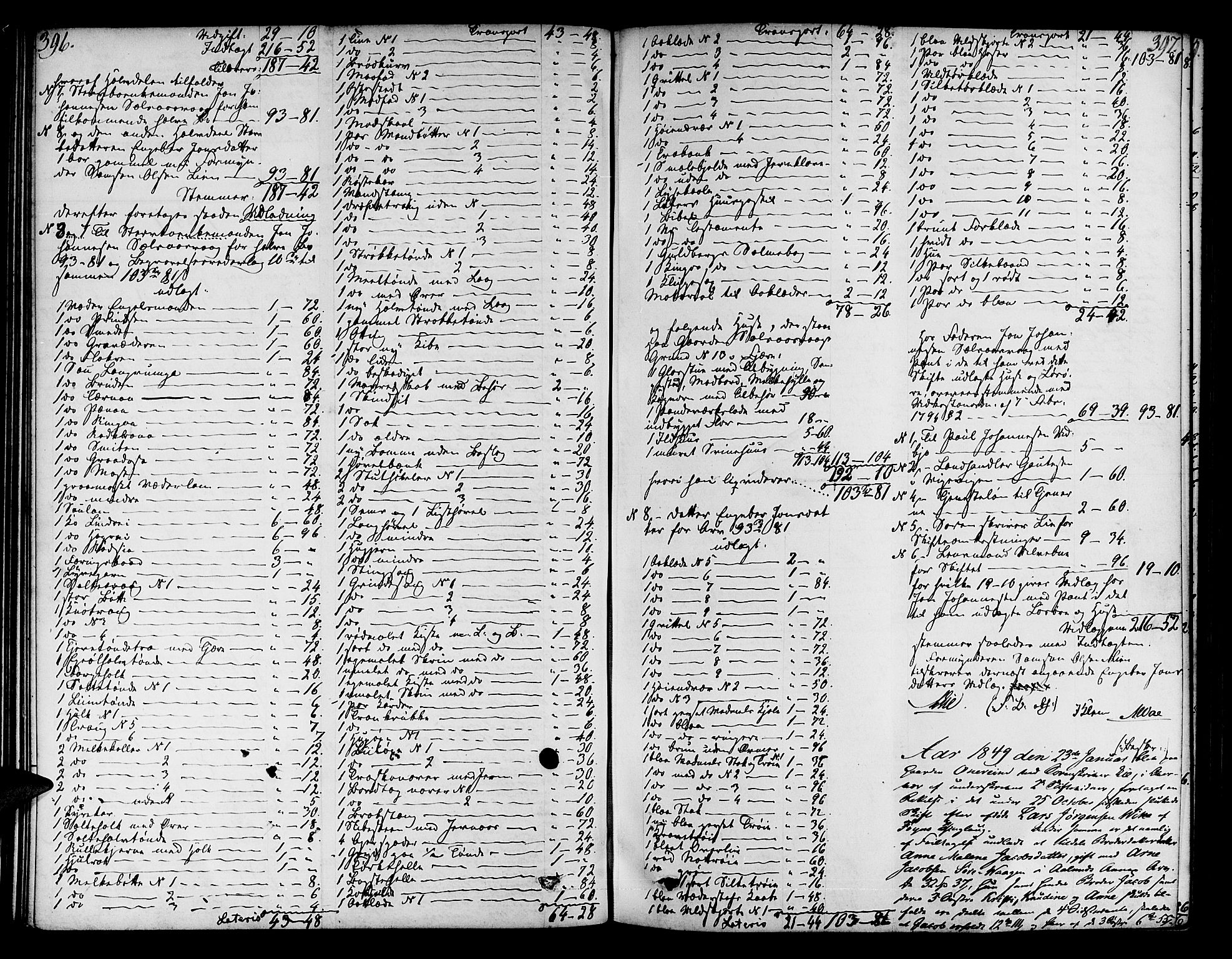 Sunnhordland sorenskrivar, AV/SAB-A-2401/1/H/Ha/Had/L0006: Skifteprotokollar. Føyen, Fjære og Våg. Register i protokoll., 1844-1853, p. 396-397