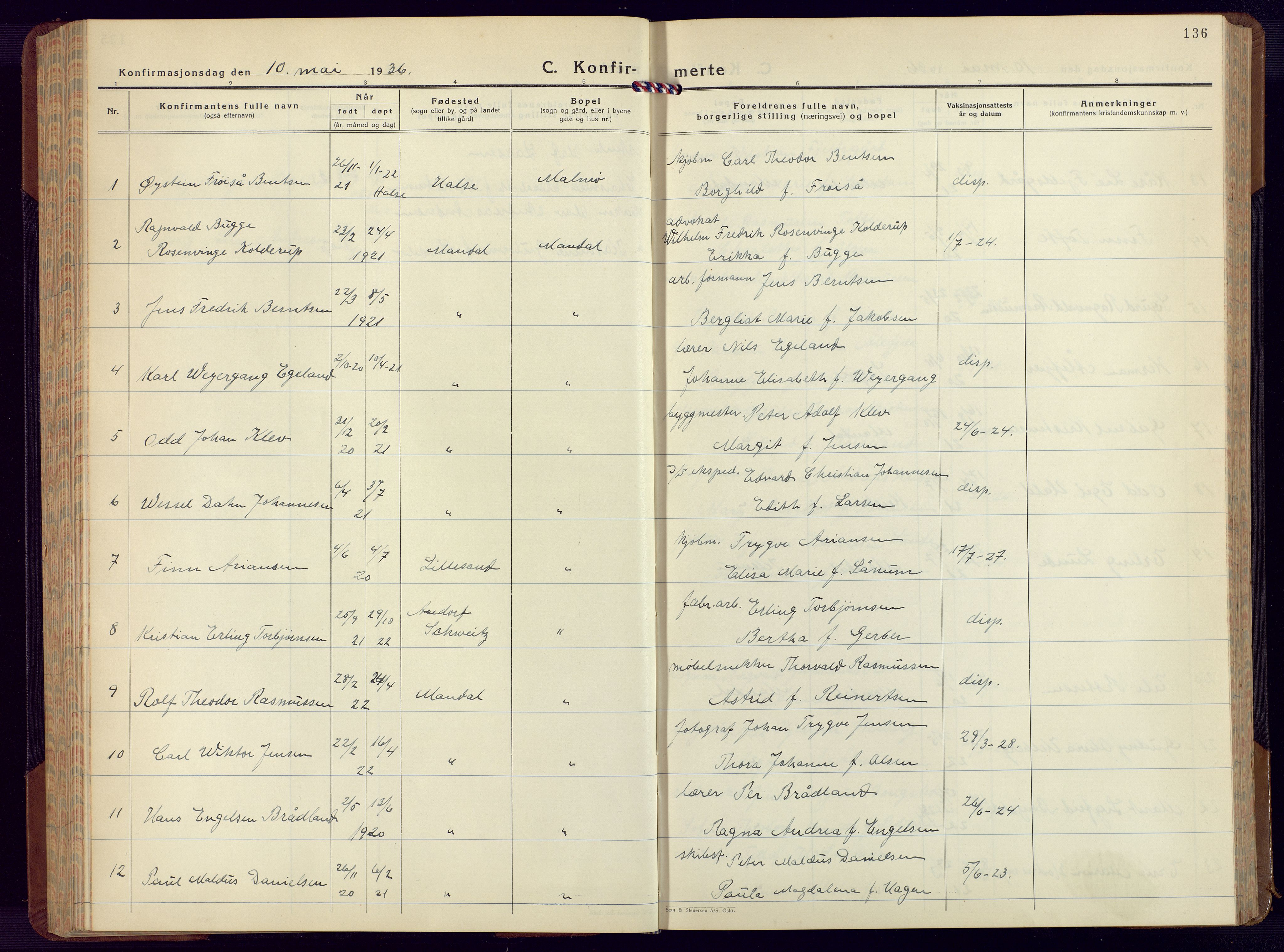 Mandal sokneprestkontor, SAK/1111-0030/F/Fb/Fbc/L0002: Parish register (copy) no. B 2, 1931-1949, p. 136