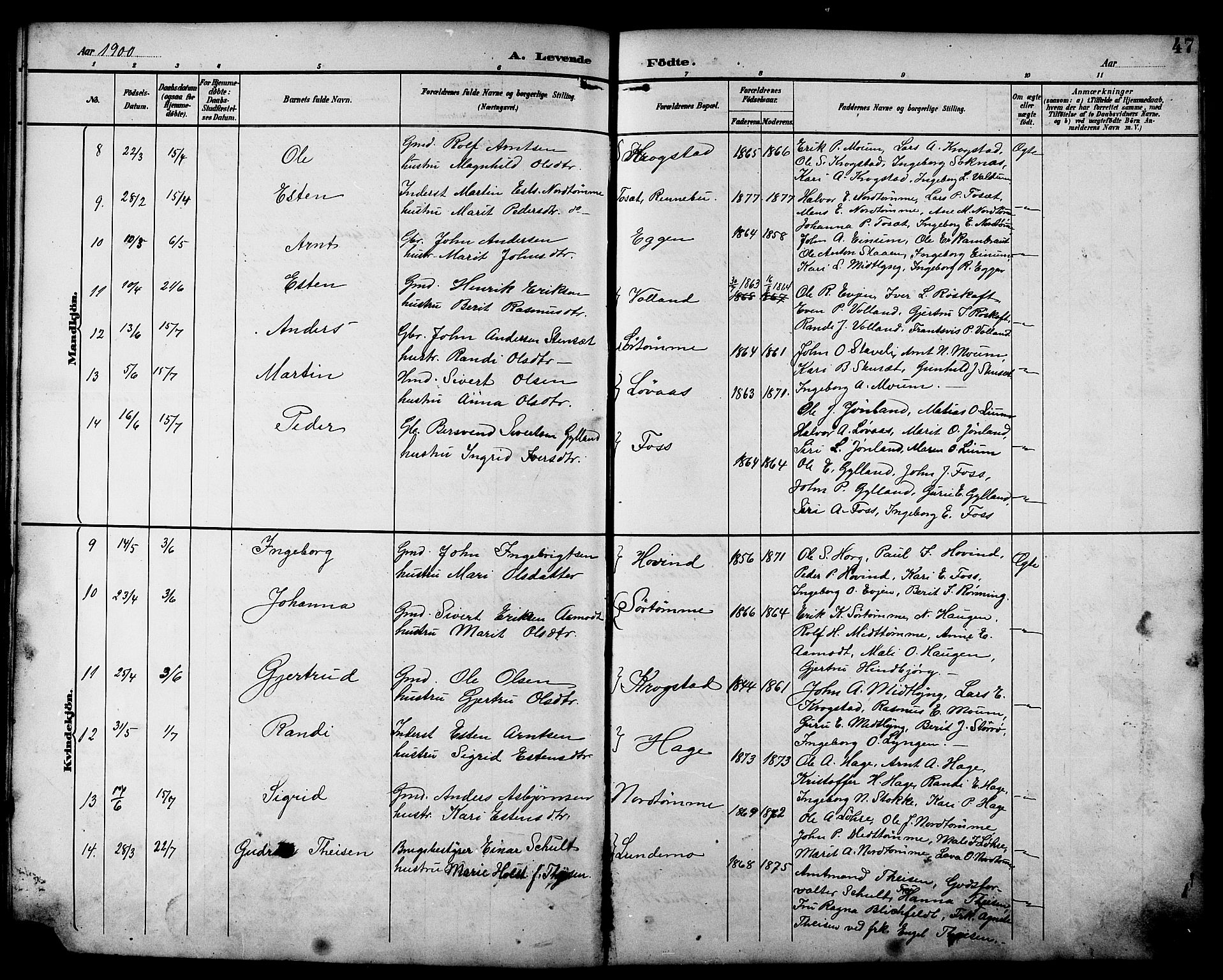Ministerialprotokoller, klokkerbøker og fødselsregistre - Sør-Trøndelag, SAT/A-1456/692/L1111: Parish register (copy) no. 692C06, 1890-1904, p. 47