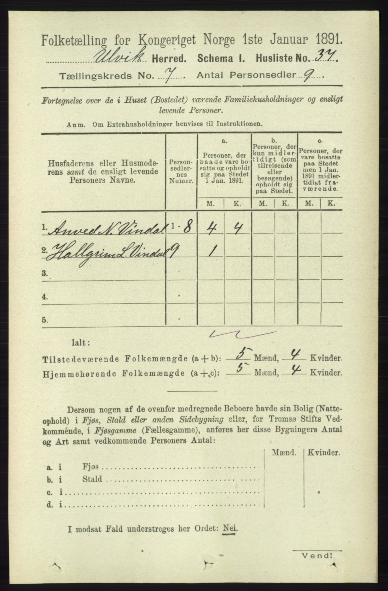 RA, 1891 census for 1233 Ulvik, 1891, p. 2261