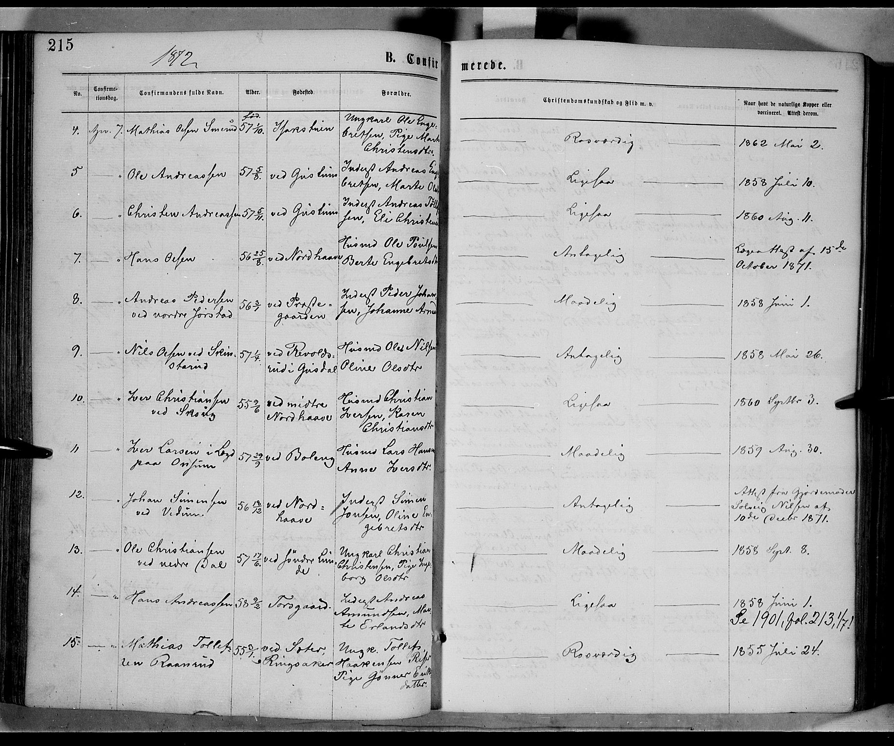 Fåberg prestekontor, AV/SAH-PREST-086/H/Ha/Haa/L0007: Parish register (official) no. 7, 1868-1878, p. 215