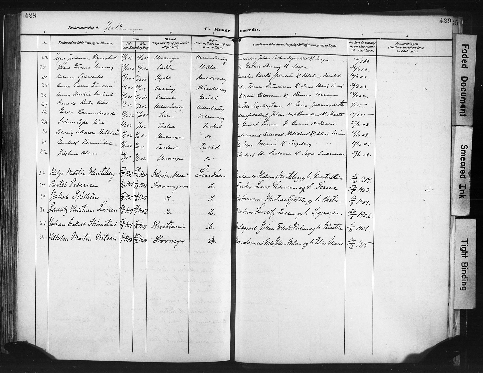 Hetland sokneprestkontor, SAST/A-101826/30/30BA/L0013: Parish register (official) no. A 13, 1904-1918, p. 428-429