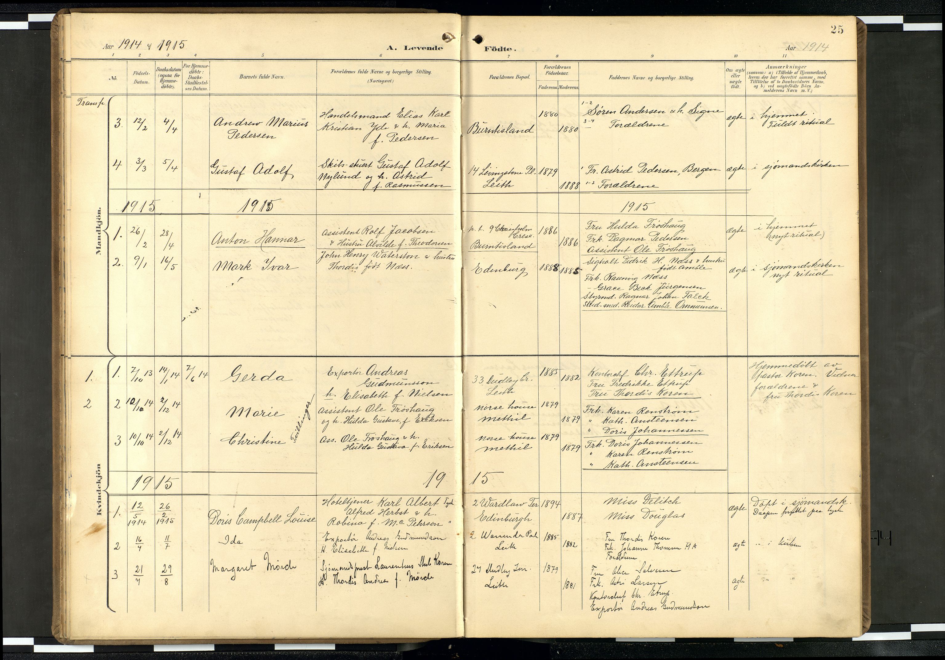 Den norske sjømannsmisjon i utlandet/Skotske havner (Leith, Glasgow), SAB/SAB/PA-0100/H/Ha/Haa/L0004: Parish register (official) no. A 4, 1899-1949, p. 24b-25a