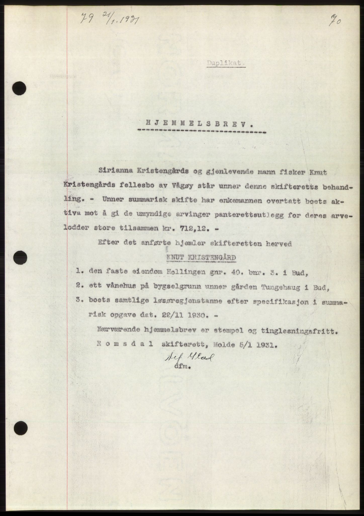 Romsdal sorenskriveri, AV/SAT-A-4149/1/2/2C/L0059: Mortgage book no. 53, 1931-1931, Deed date: 21.01.1931