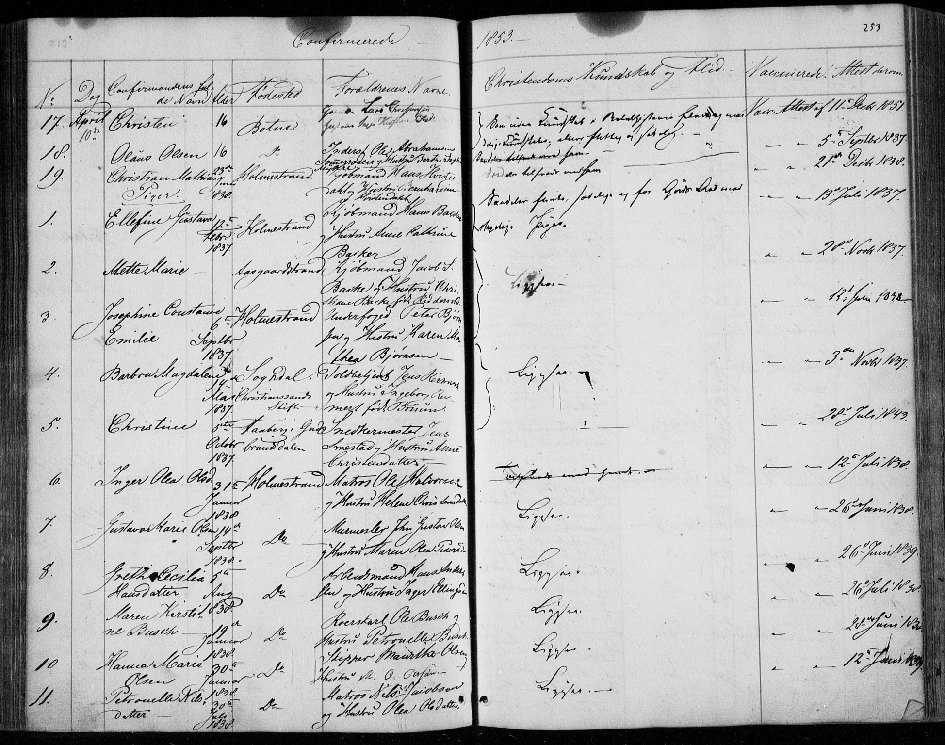 Holmestrand kirkebøker, SAKO/A-346/F/Fa/L0002: Parish register (official) no. 2, 1840-1866, p. 253