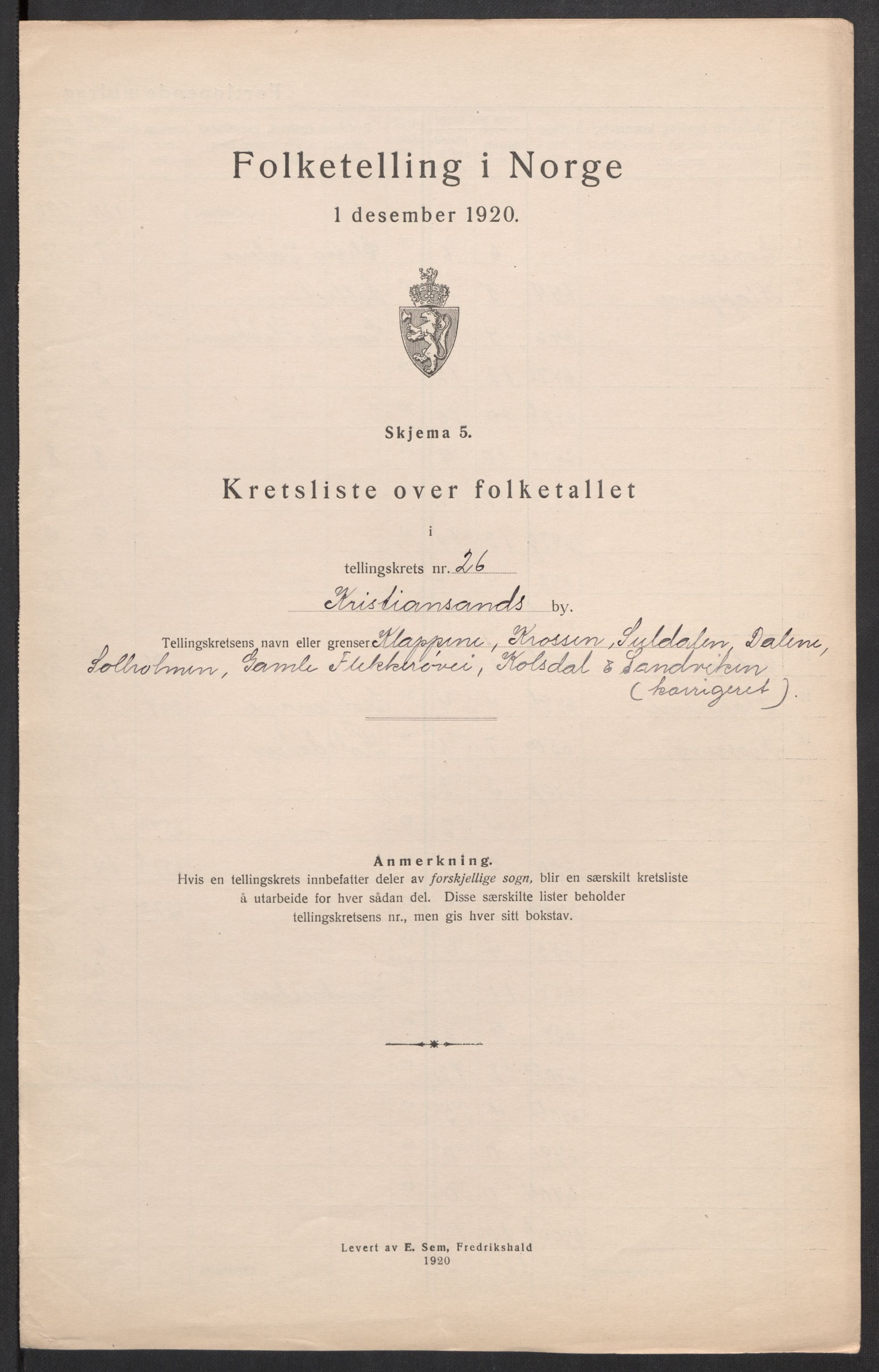 SAK, 1920 census for Kristiansand, 1920, p. 164