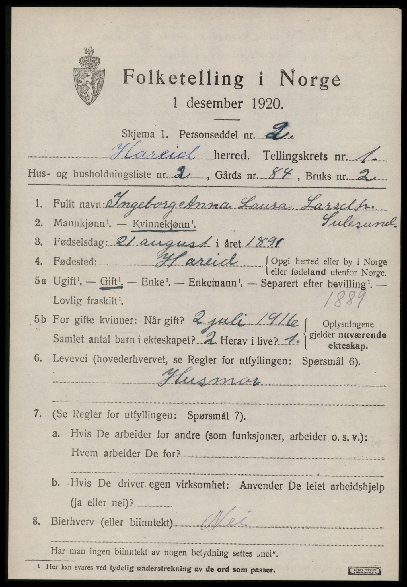 SAT, 1920 census for Hareid, 1920, p. 747