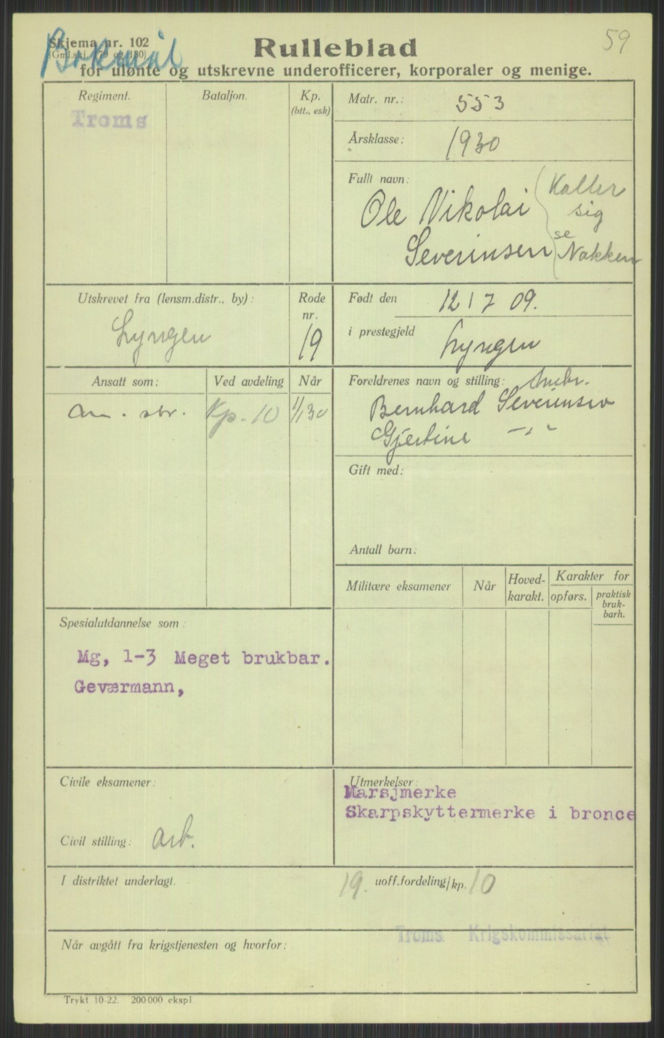 Forsvaret, Troms infanteriregiment nr. 16, AV/RA-RAFA-3146/P/Pa/L0014: Rulleblad for regimentets menige mannskaper, årsklasse 1930, 1930, p. 937