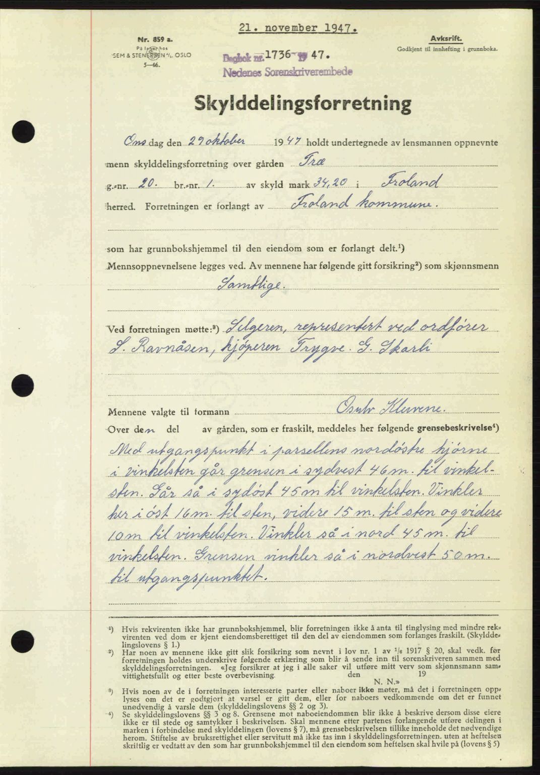 Nedenes sorenskriveri, SAK/1221-0006/G/Gb/Gba/L0058: Mortgage book no. A10, 1947-1948, Diary no: : 1736/1947