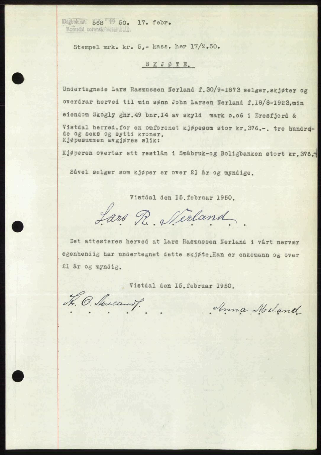 Romsdal sorenskriveri, AV/SAT-A-4149/1/2/2C: Mortgage book no. A32, 1950-1950, Diary no: : 568/1950