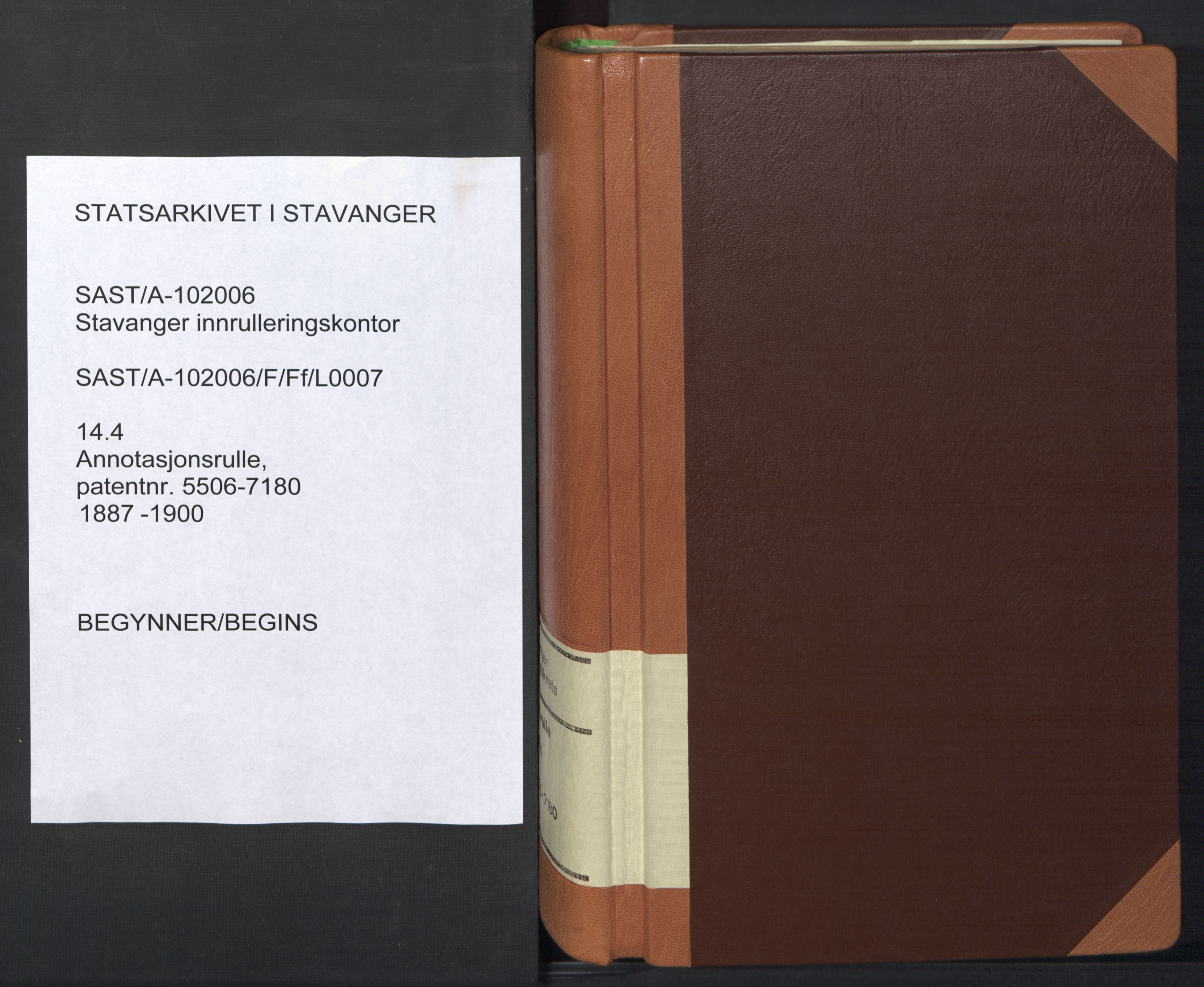 Stavanger sjømannskontor, SAST/A-102006/F/Ff/L0007: Annotasjonsrulle, patentnr. 5506-7180, 1887-1900, p. 1