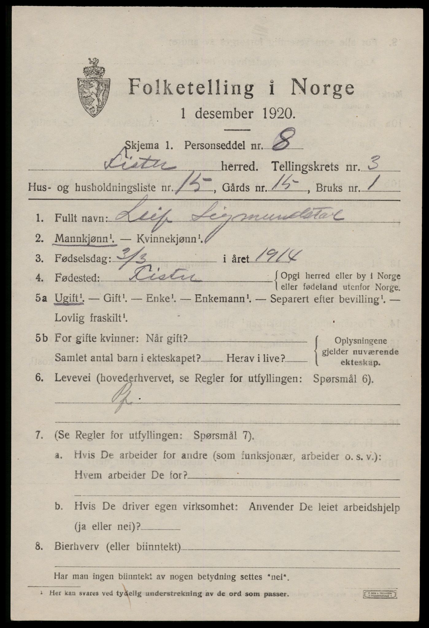 SAST, 1920 census for Fister, 1920, p. 1091