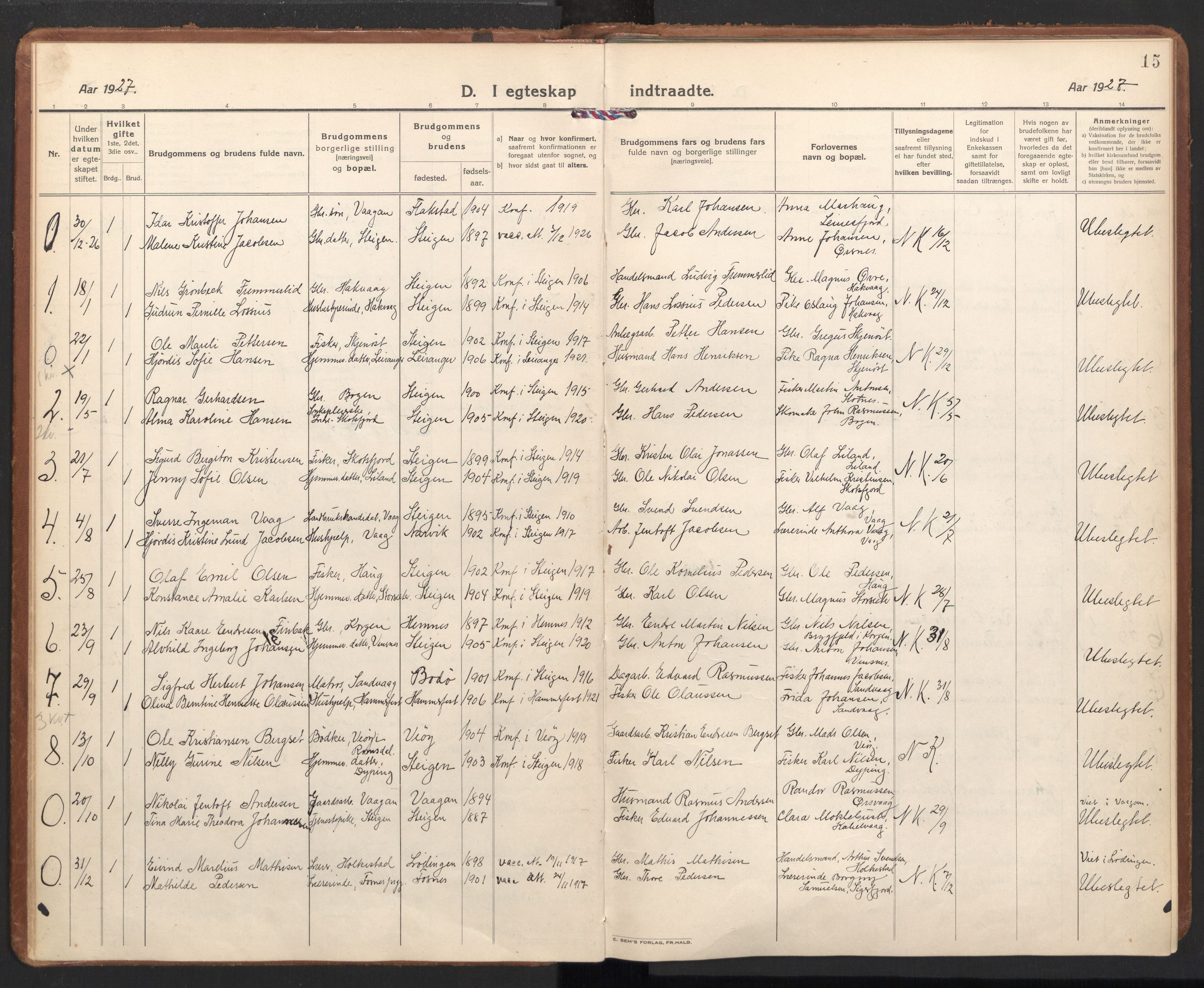 Ministerialprotokoller, klokkerbøker og fødselsregistre - Nordland, SAT/A-1459/855/L0809: Parish register (official) no. 855A18, 1921-1939, p. 15