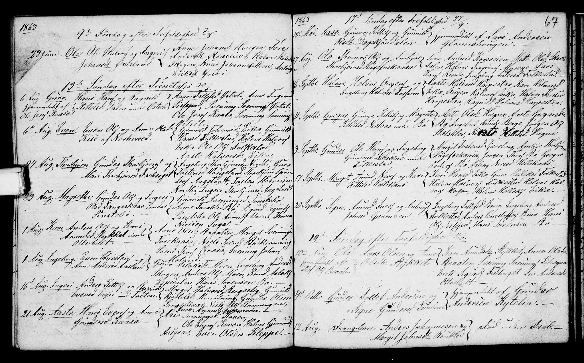 Bø kirkebøker, SAKO/A-257/G/Ga/L0002: Parish register (copy) no. 2, 1853-1866, p. 67