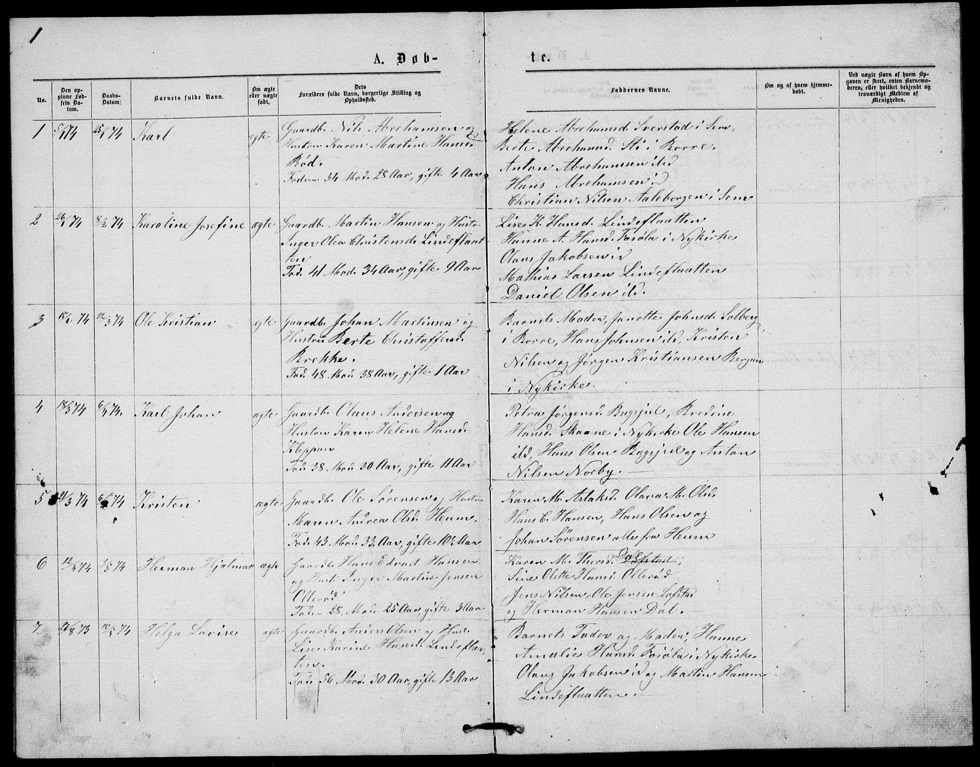 Våle kirkebøker, SAKO/A-334/G/Gb/L0001: Parish register (copy) no. II 1, 1874-1891, p. 1