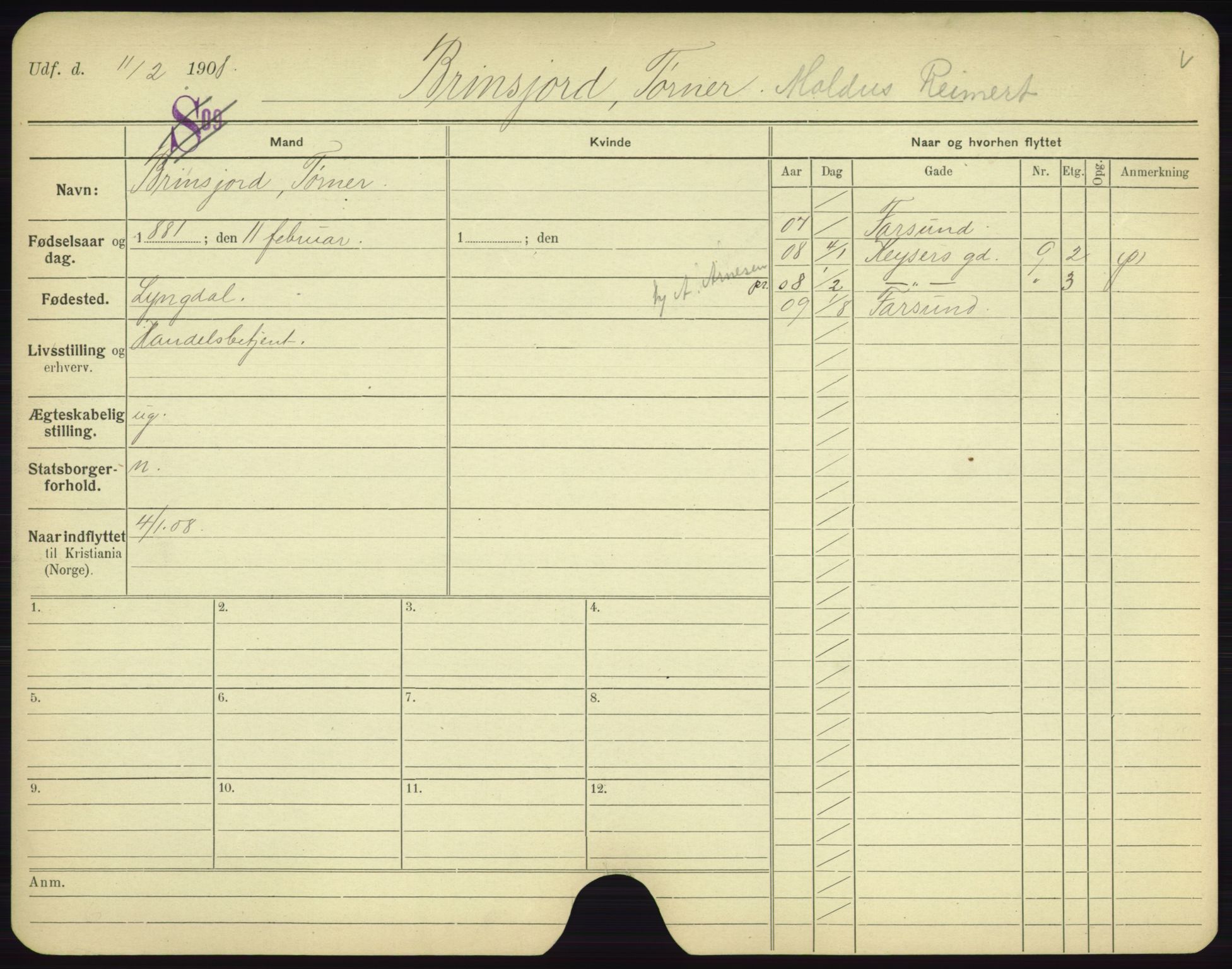 Oslo folkeregister, Registerkort, AV/SAO-A-11715/F/Fa/Fac/L0002: Menn, 1906-1914, p. 296a