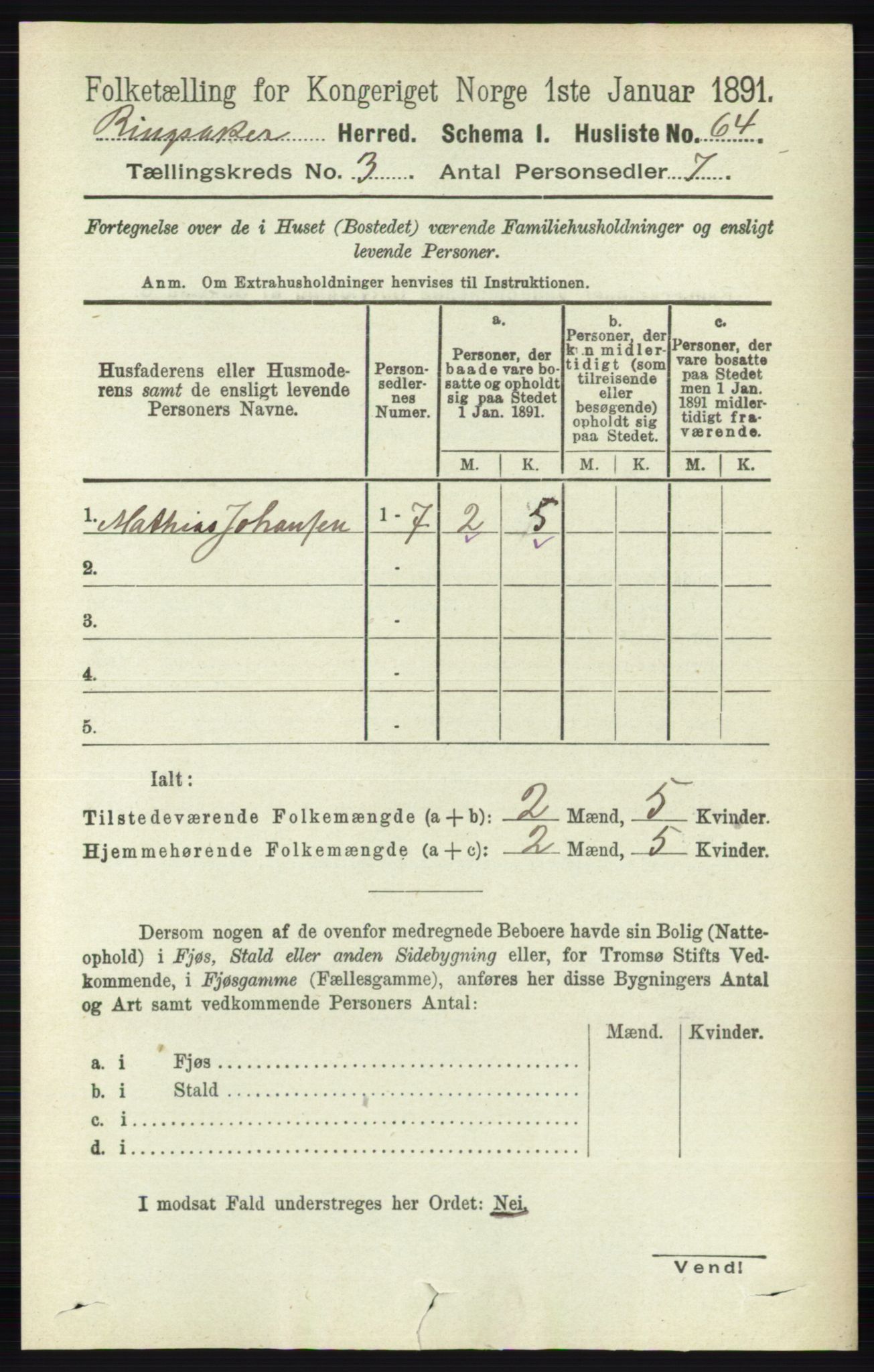 RA, 1891 census for 0412 Ringsaker, 1891, p. 1225