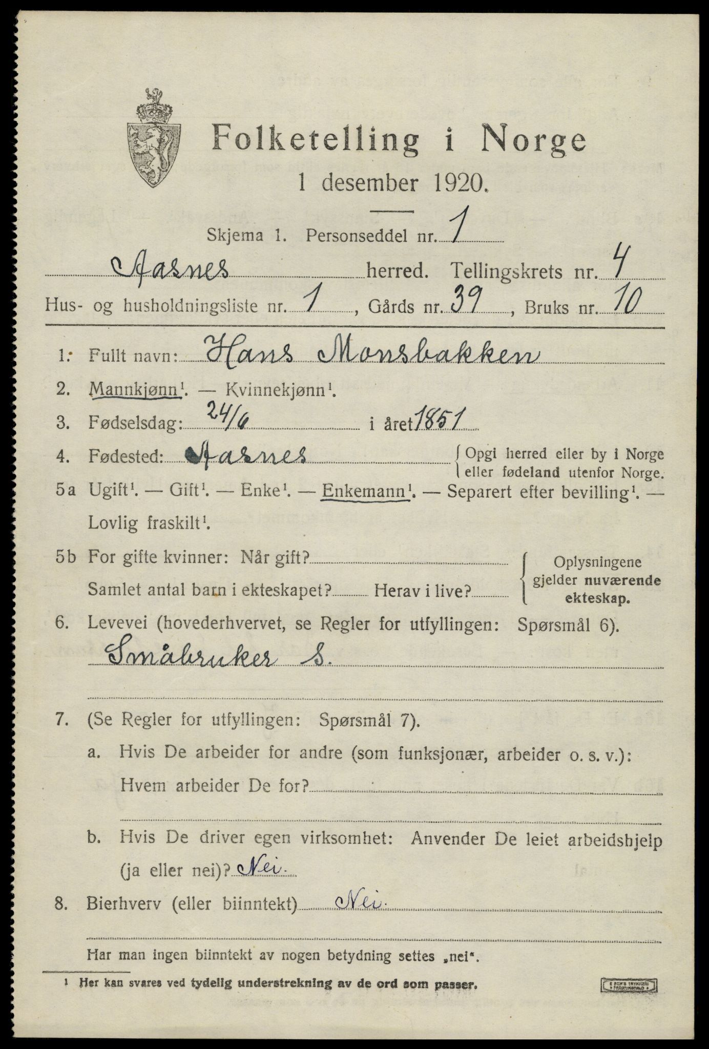 SAH, 1920 census for Åsnes, 1920, p. 4776