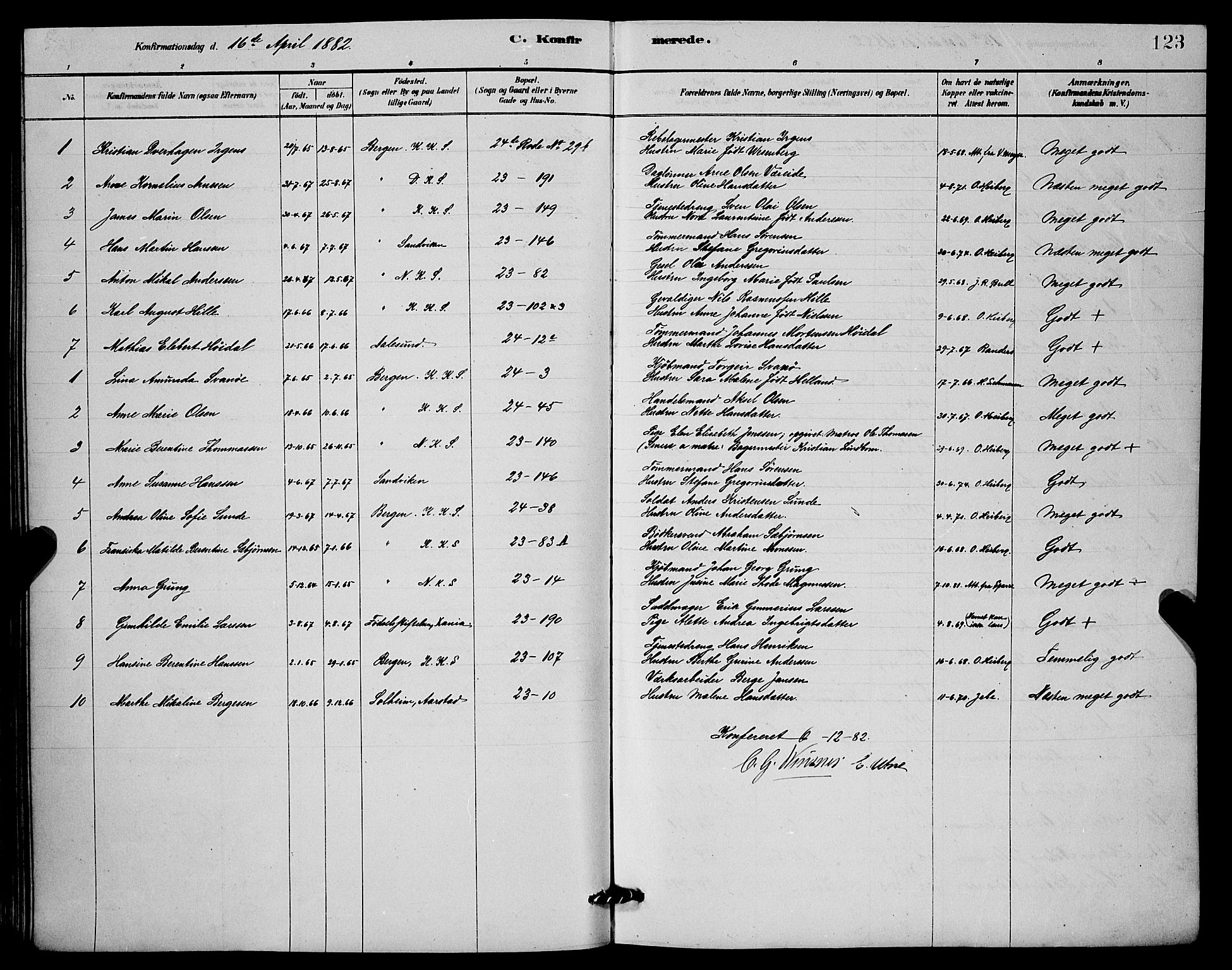 Mariakirken Sokneprestembete, SAB/A-76901/H/Hab/L0004: Parish register (copy) no. A 4, 1878-1892, p. 123