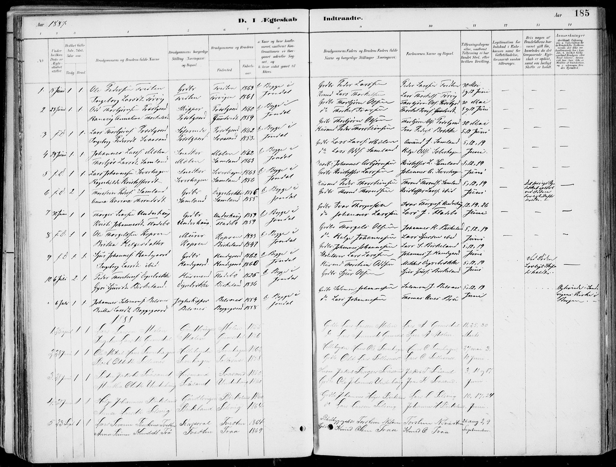 Strandebarm sokneprestembete, SAB/A-78401/H/Haa: Parish register (official) no. E  1, 1886-1908, p. 185