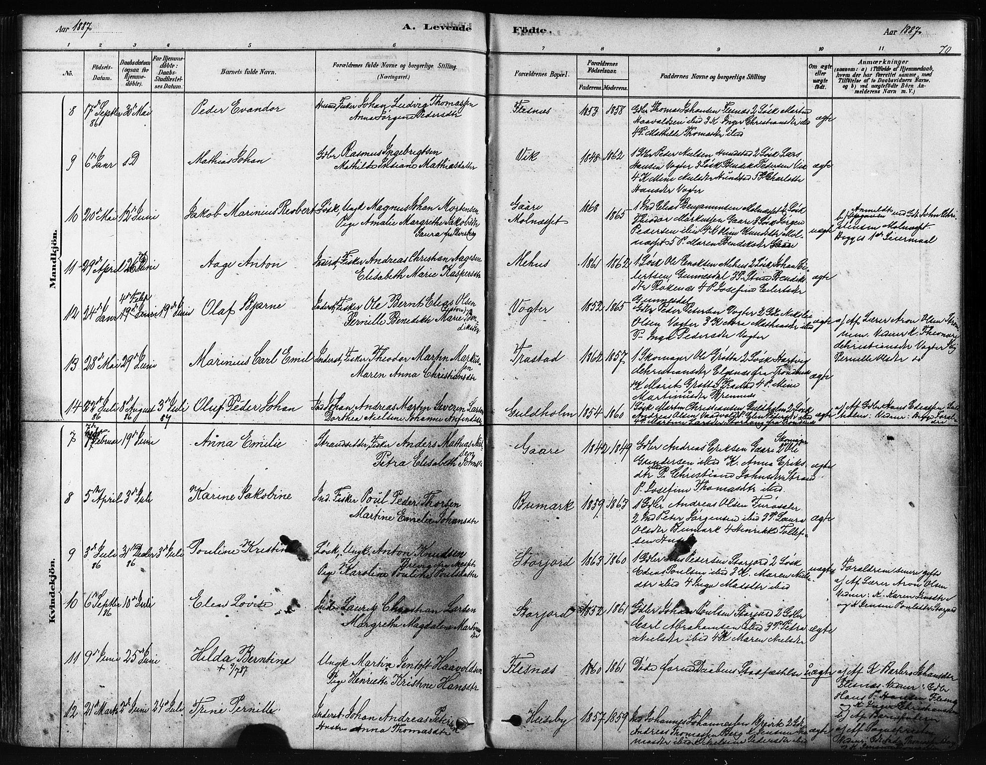 Kvæfjord sokneprestkontor, AV/SATØ-S-1323/G/Ga/Gaa/L0005kirke: Parish register (official) no. 5, 1878-1894, p. 70