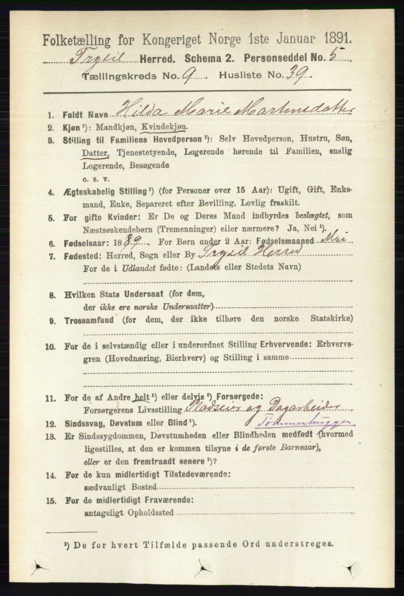 RA, 1891 census for 0428 Trysil, 1891, p. 4449