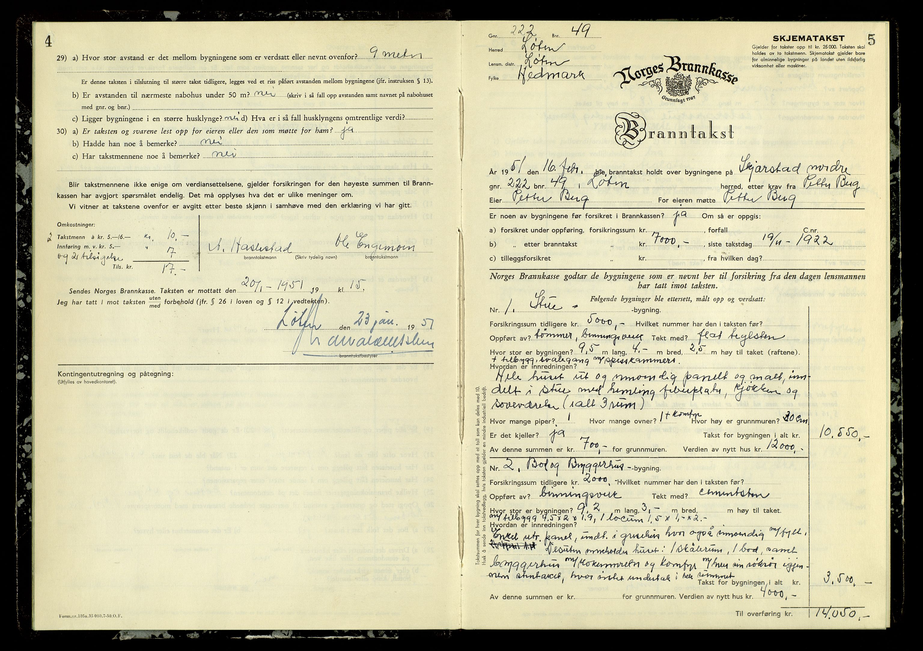 Norges Brannkasse, Løten, AV/SAH-NBRANL-007/F/L0006: Branntakstprotokoll, 1951-1954, p. 4-5