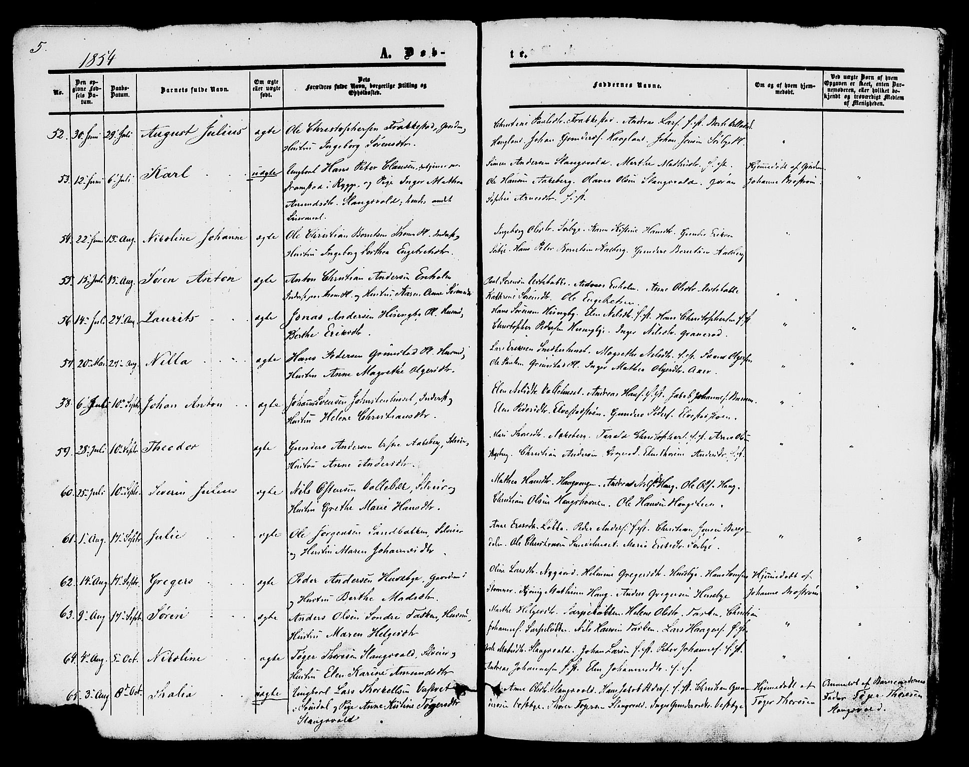 Råde prestekontor kirkebøker, AV/SAO-A-2009/F/Fa/L0006: Parish register (official) no. 6, 1854-1877, p. 5