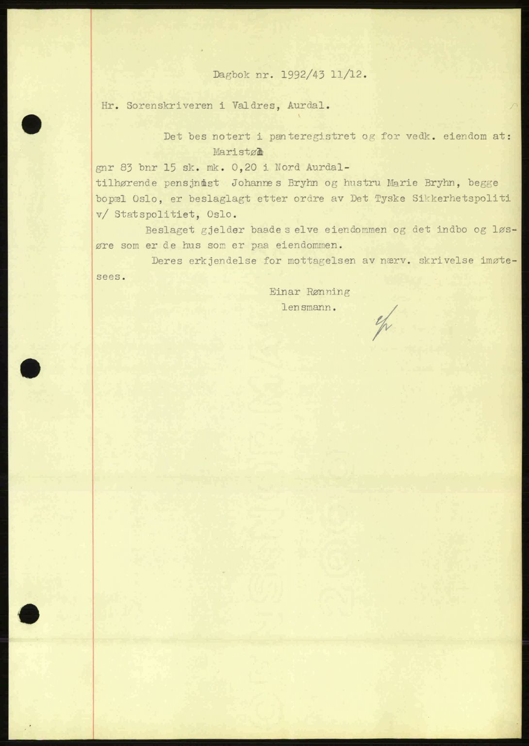 Valdres sorenskriveri, AV/SAH-TING-016/H/Hb/Hbc/L0014: Mortgage book no. B14, 1943-1944, Diary no: : 1992/1943