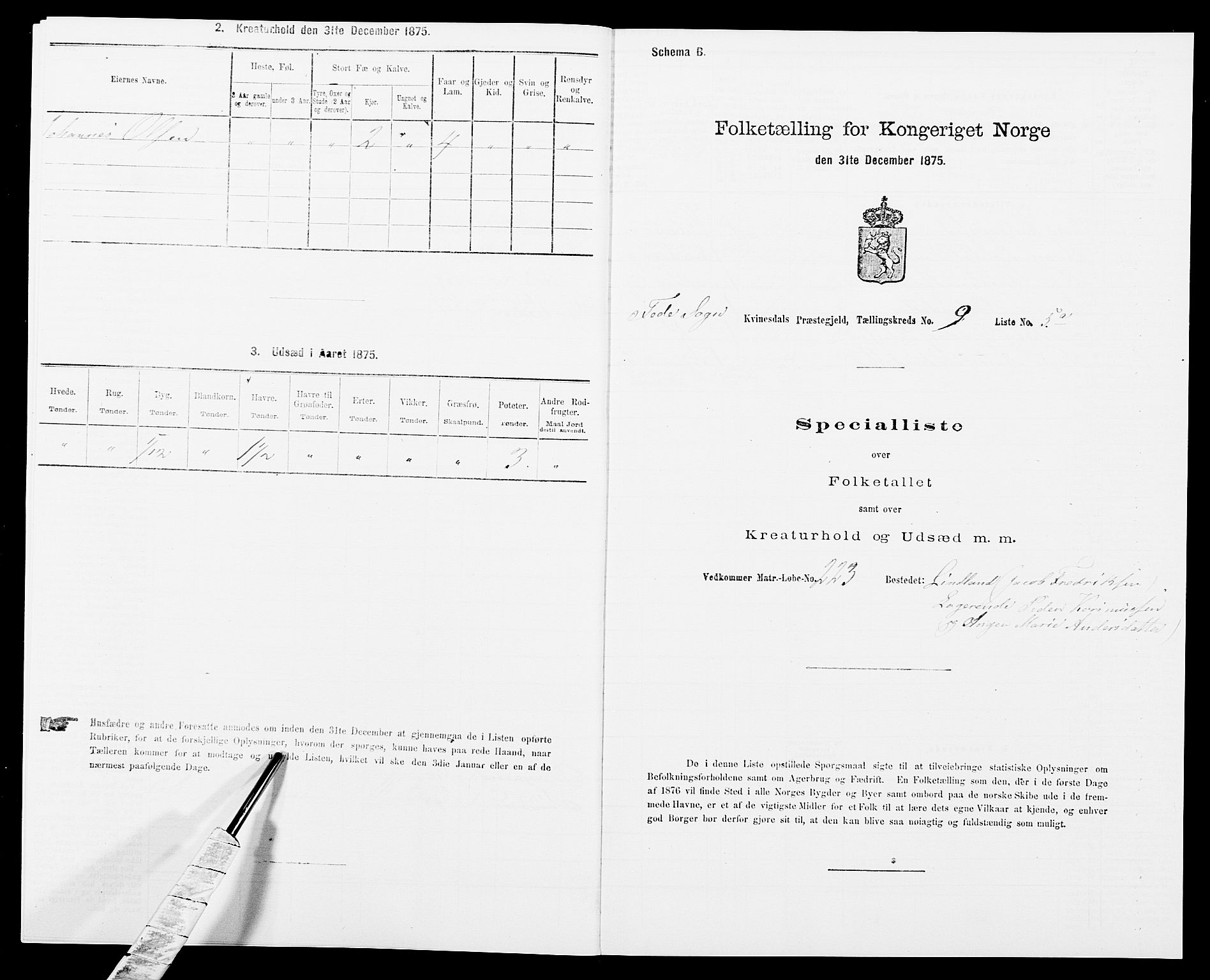 SAK, 1875 census for 1037P Kvinesdal, 1875, p. 1469