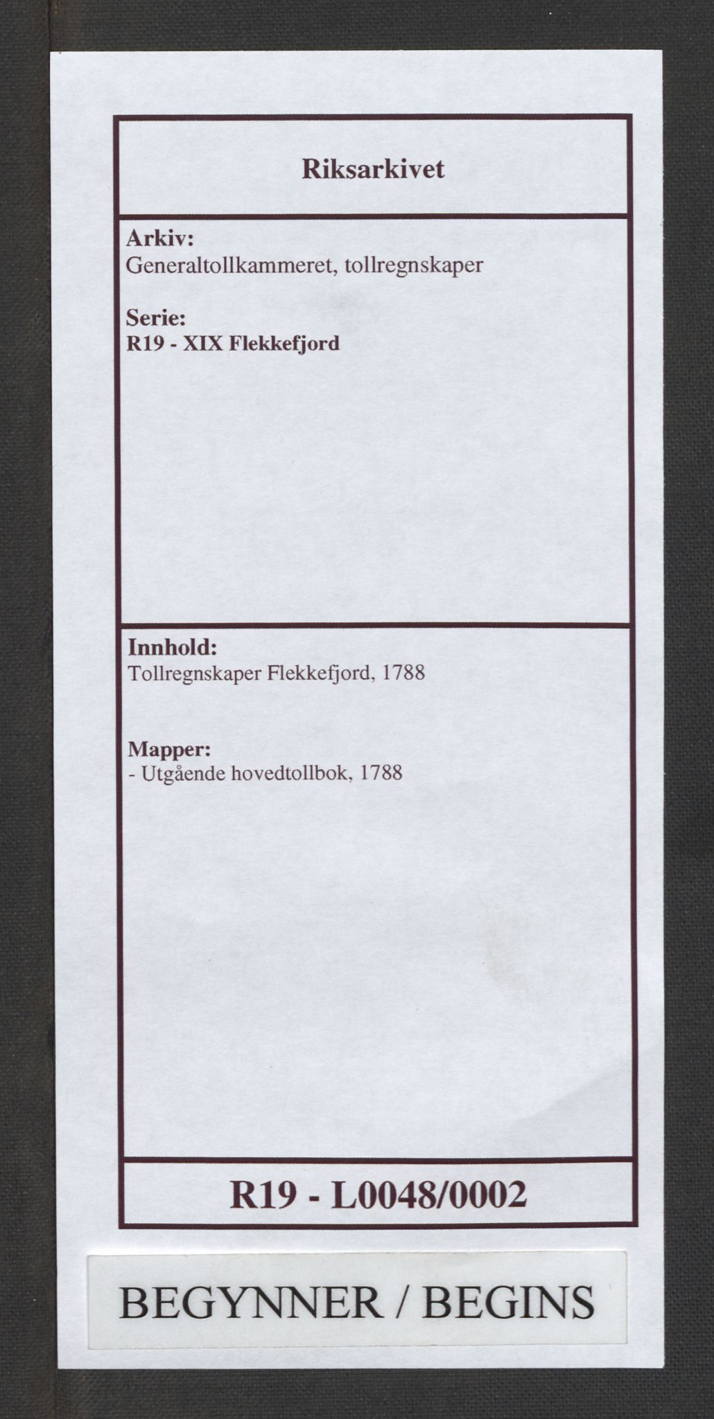Generaltollkammeret, tollregnskaper, RA/EA-5490/R19/L0048/0002: Tollregnskaper Flekkefjord / Utgående hovedtollbok, 1788
