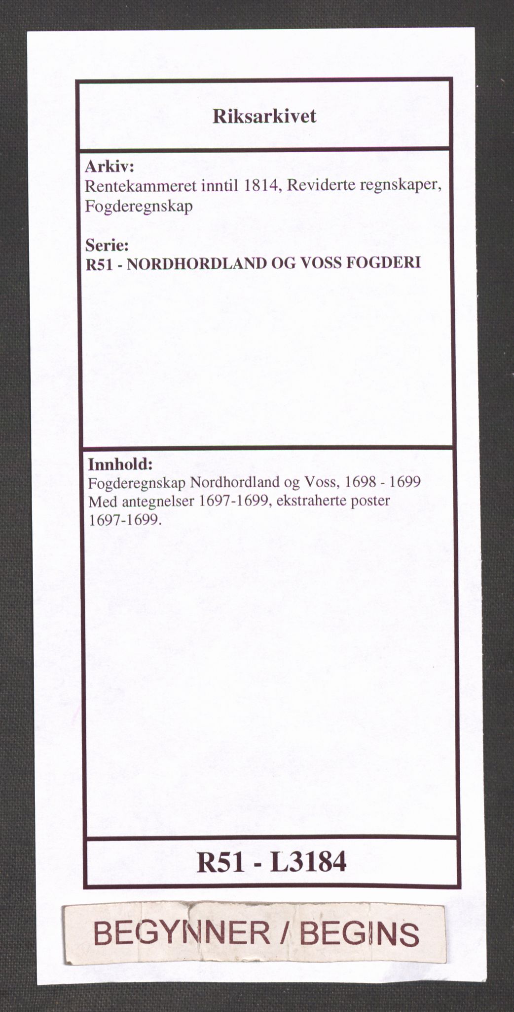 Rentekammeret inntil 1814, Reviderte regnskaper, Fogderegnskap, AV/RA-EA-4092/R51/L3184: Fogderegnskap Nordhordland og Voss, 1698-1699, p. 1