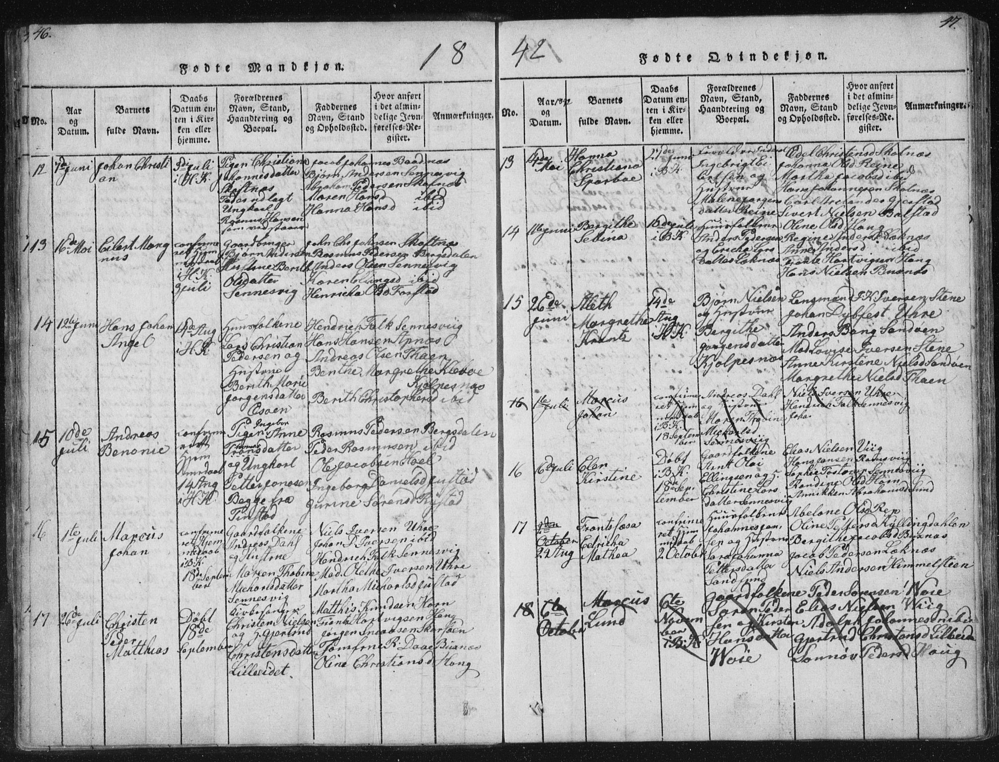 Ministerialprotokoller, klokkerbøker og fødselsregistre - Nordland, AV/SAT-A-1459/881/L1164: Parish register (copy) no. 881C01, 1818-1853, p. 46-47