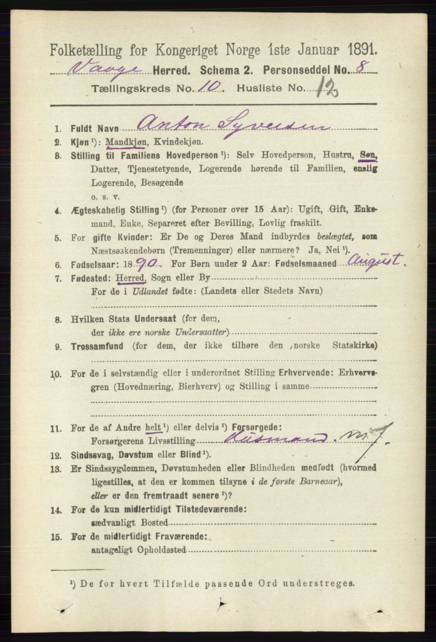 RA, 1891 census for 0515 Vågå, 1891, p. 6296