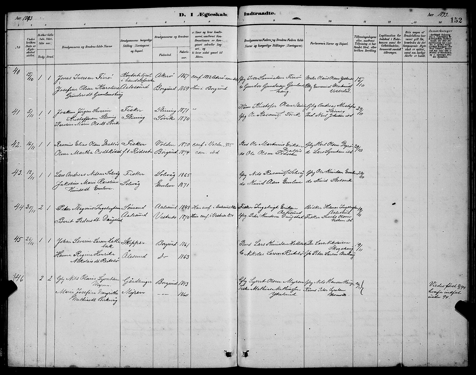 Ministerialprotokoller, klokkerbøker og fødselsregistre - Møre og Romsdal, AV/SAT-A-1454/528/L0430: Parish register (copy) no. 528C11, 1884-1899, p. 152