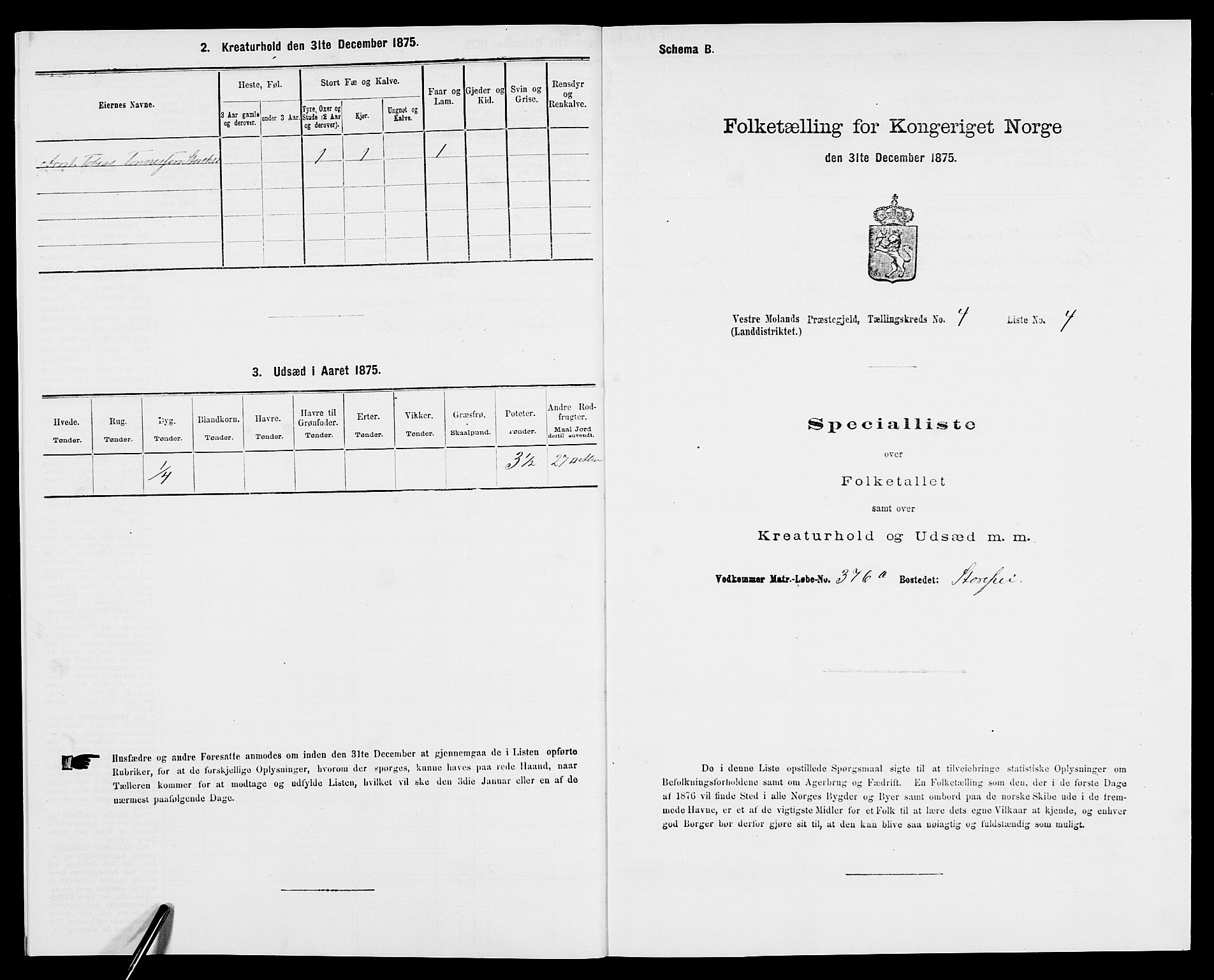 SAK, 1875 census for 0926L Vestre Moland/Vestre Moland, 1875, p. 562