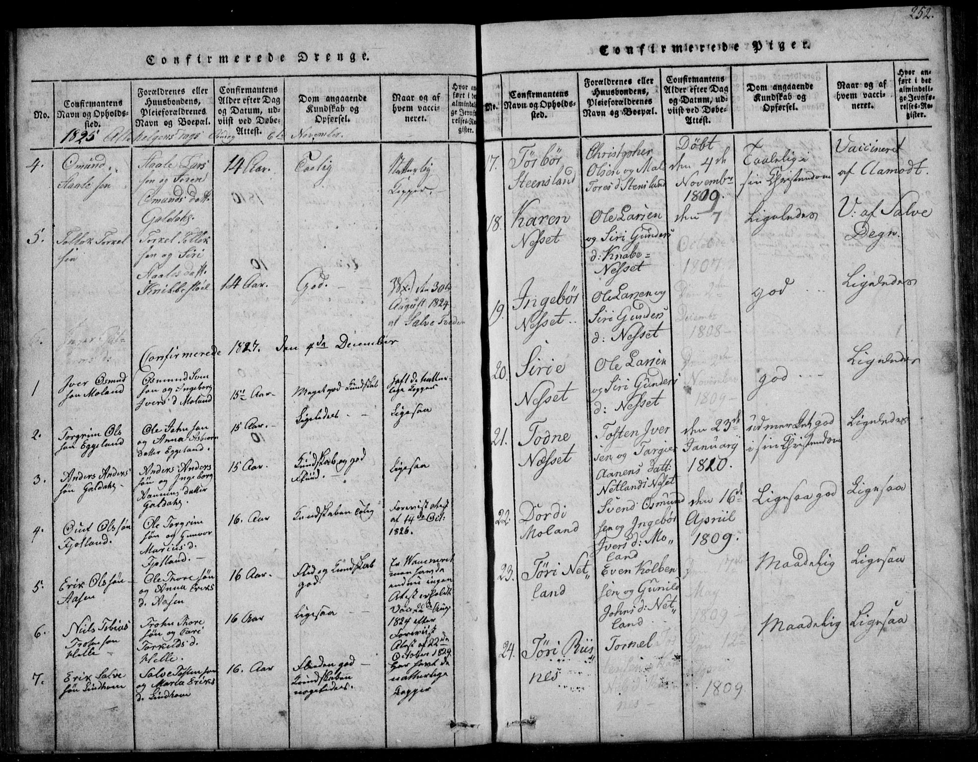 Fjotland sokneprestkontor, AV/SAK-1111-0010/F/Fb/L0001: Parish register (copy) no. B 1, 1816-1849, p. 252