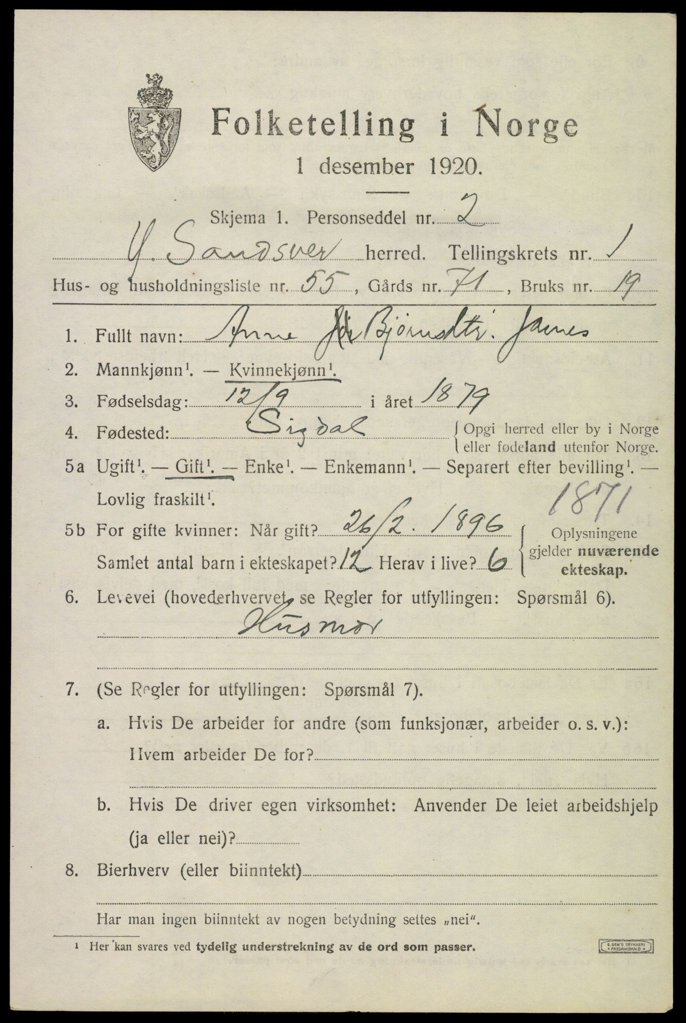 SAKO, 1920 census for Ytre Sandsvær, 1920, p. 1726