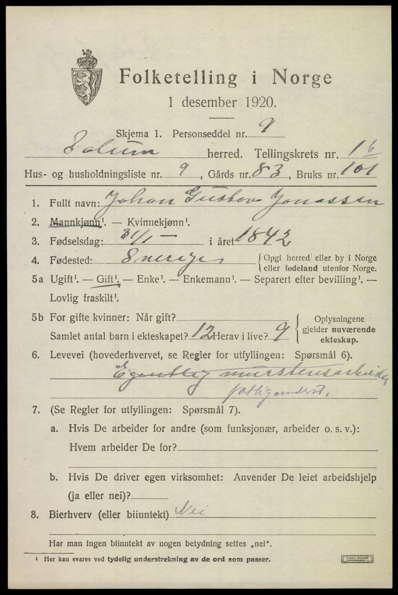SAKO, 1920 census for Solum, 1920, p. 4254