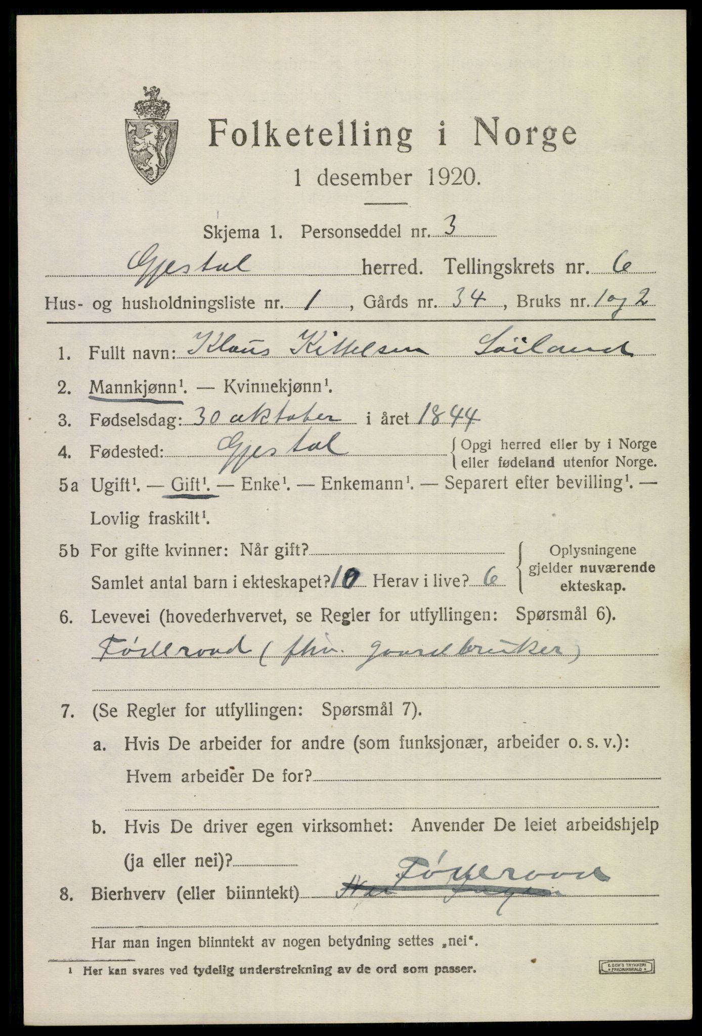 SAST, 1920 census for Gjesdal, 1920, p. 3392