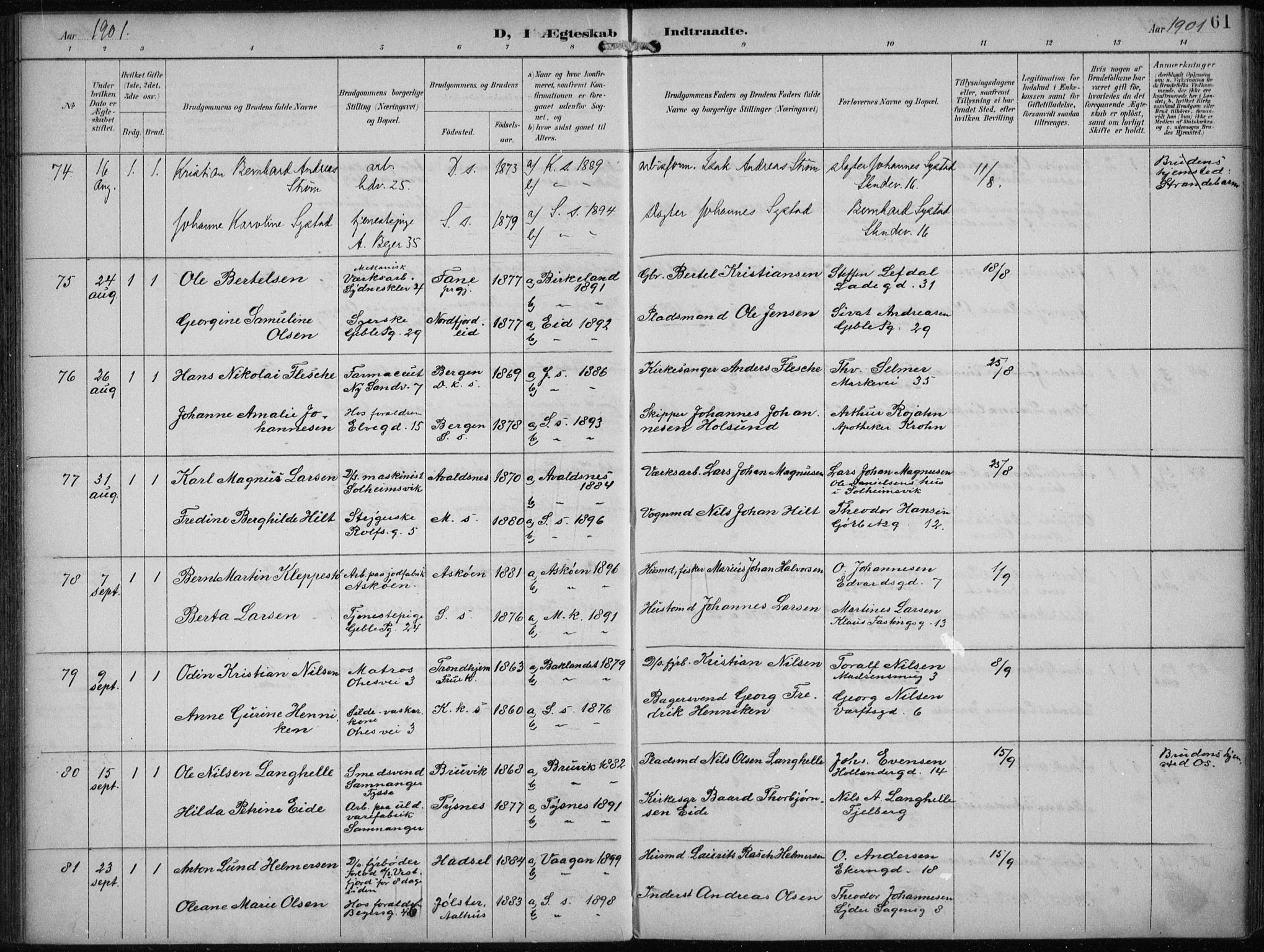 Sandviken Sokneprestembete, AV/SAB-A-77601/H/Ha/L0014: Parish register (official) no. D 1, 1896-1911, p. 61