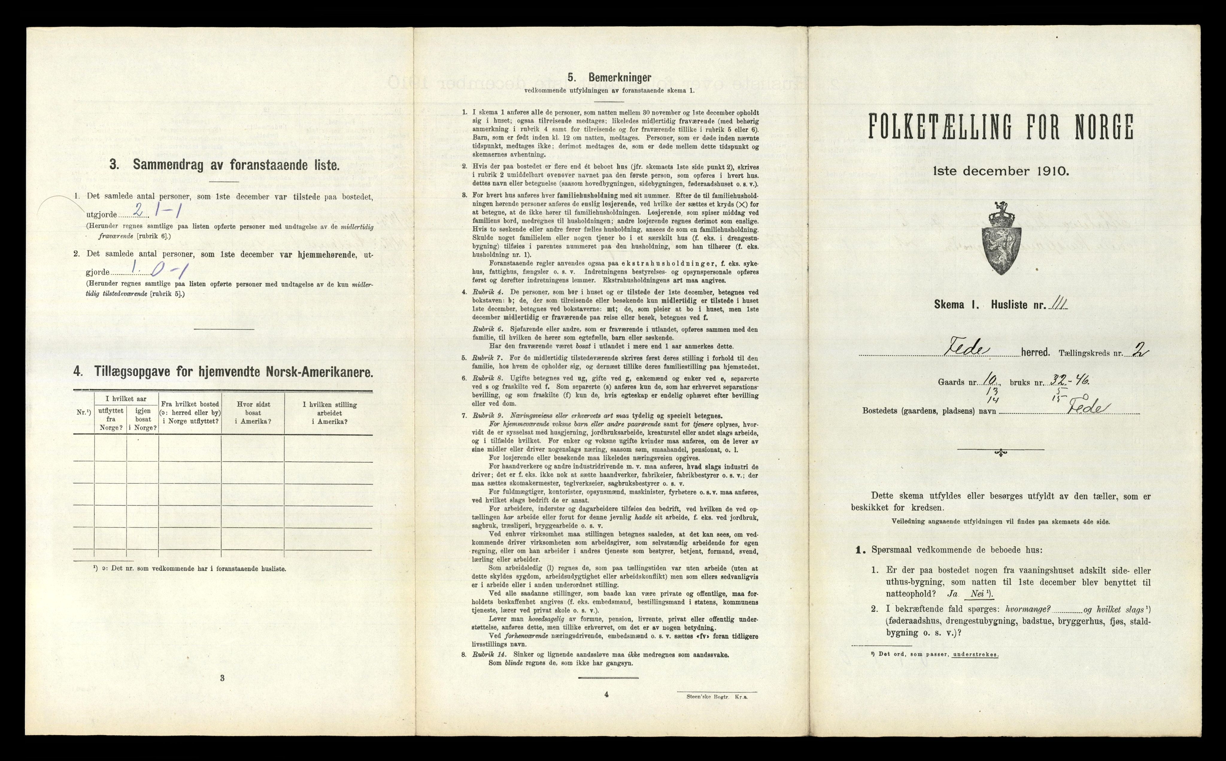 RA, 1910 census for Feda, 1910, p. 309