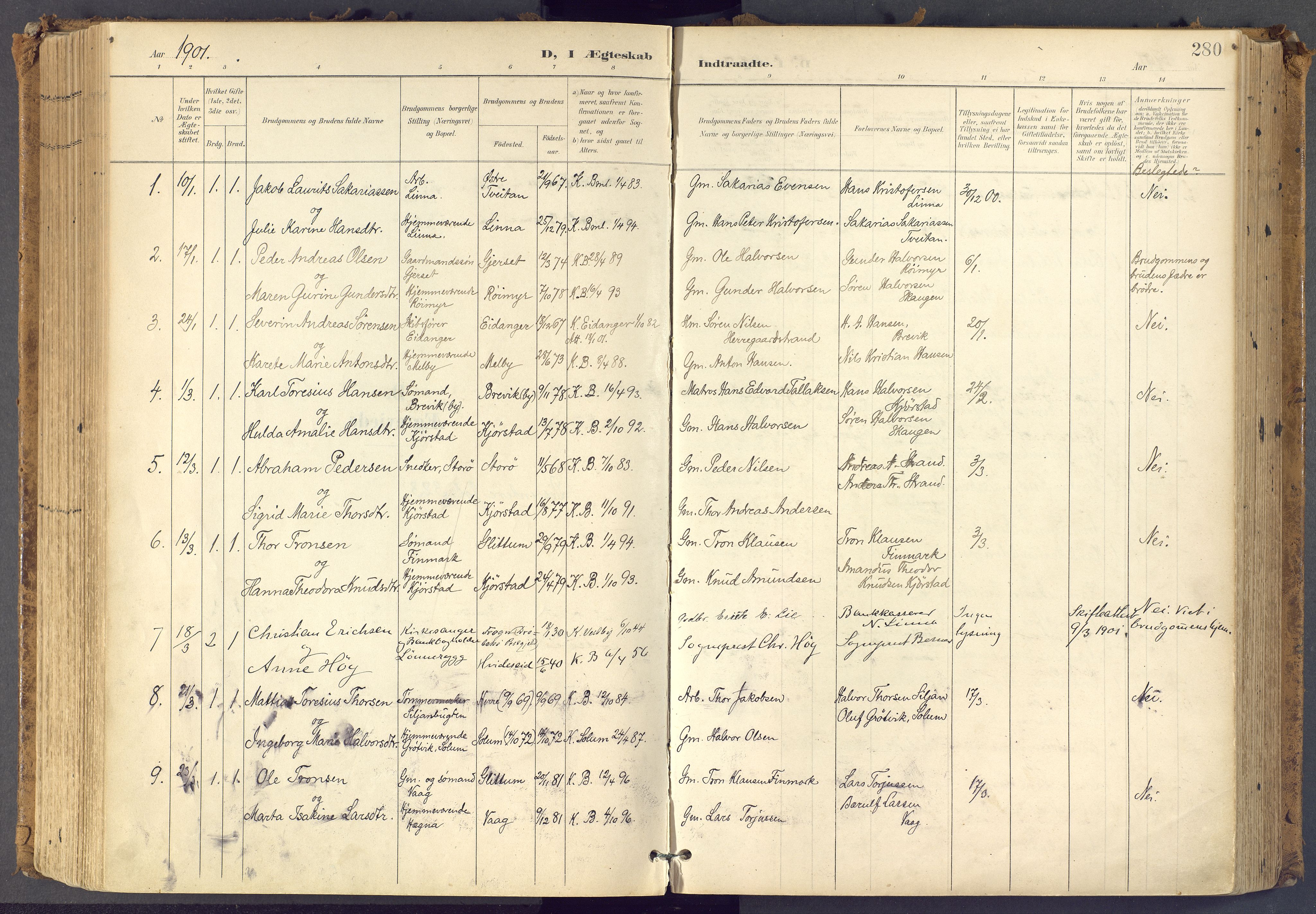 Bamble kirkebøker, SAKO/A-253/F/Fa/L0009: Parish register (official) no. I 9, 1901-1917, p. 280