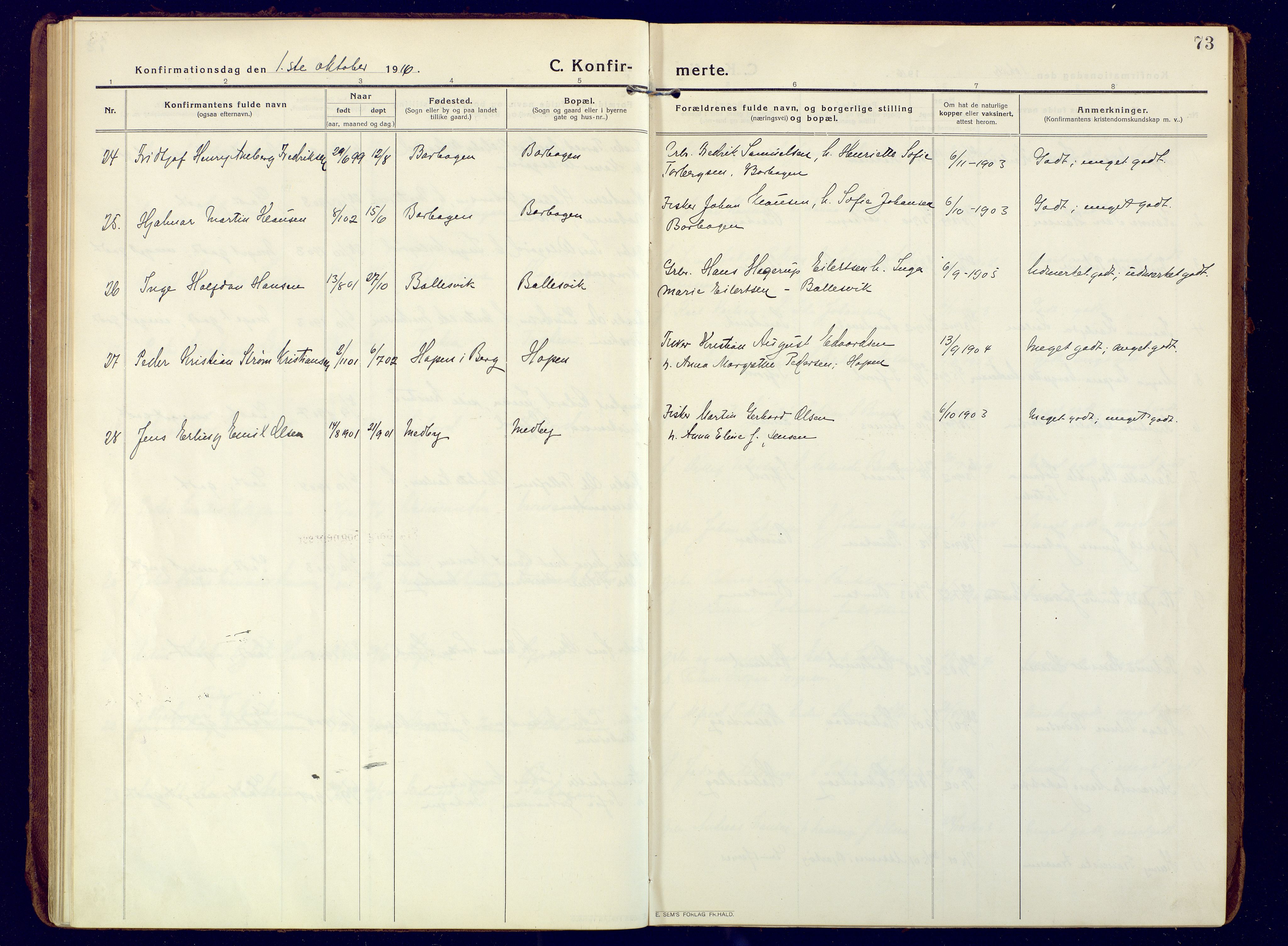 Berg sokneprestkontor, AV/SATØ-S-1318/G/Ga/Gaa/L0010kirke: Parish register (official) no. 10, 1916-1928, p. 73