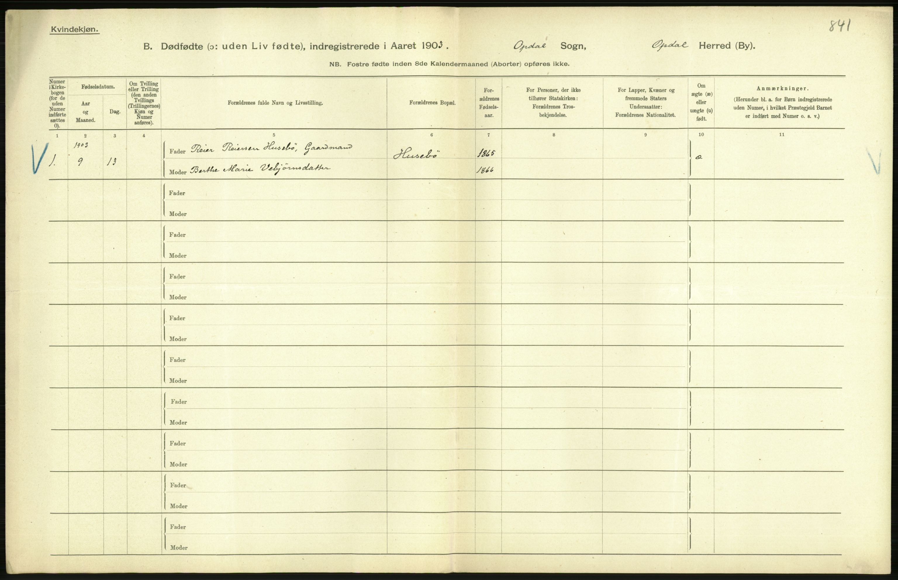 Statistisk sentralbyrå, Sosiodemografiske emner, Befolkning, AV/RA-S-2228/D/Df/Dfa/Dfaa/L0024: Smålenenes - Stavanger amt: Dødfødte. Bygder., 1903, p. 294