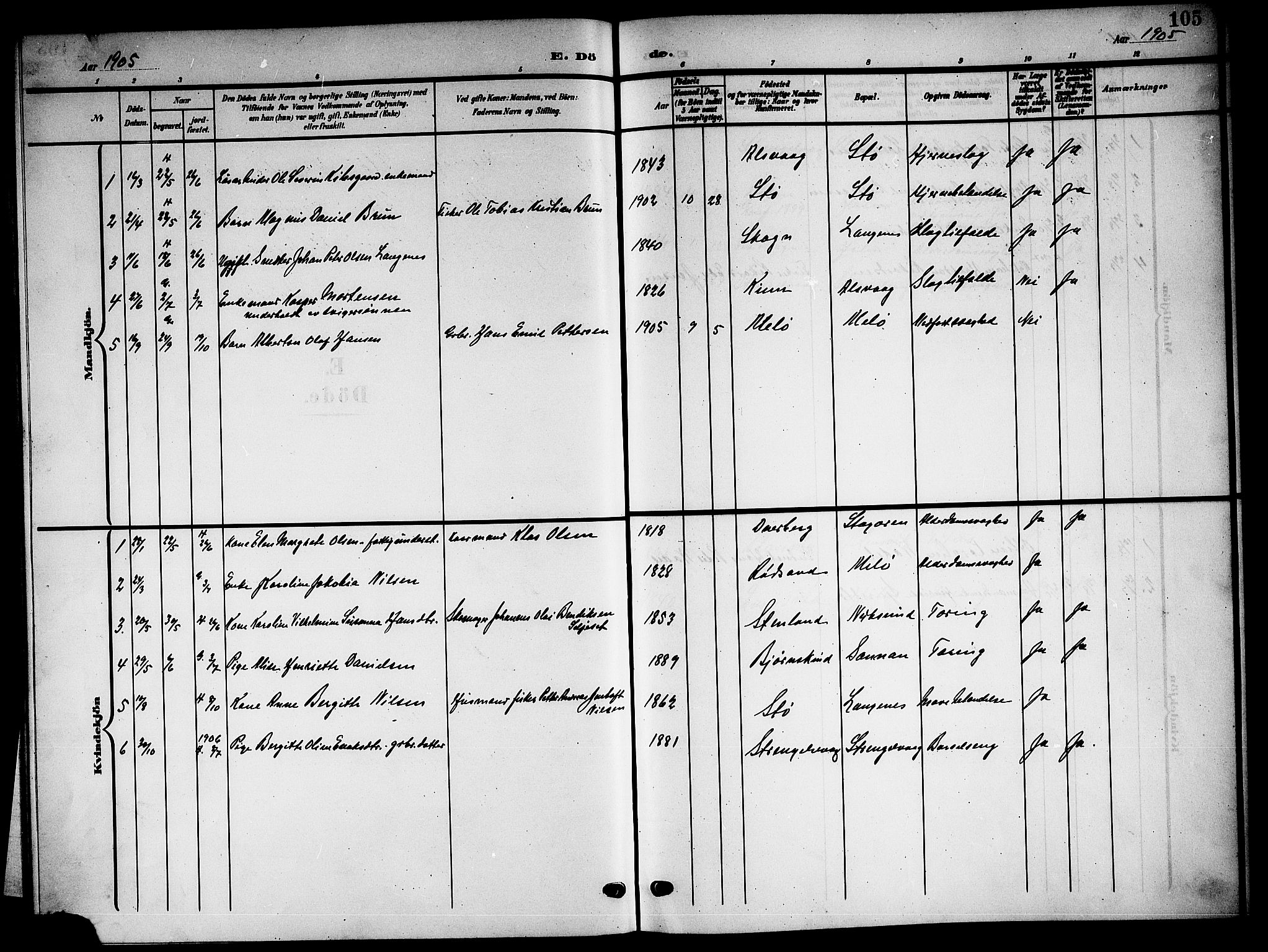 Ministerialprotokoller, klokkerbøker og fødselsregistre - Nordland, AV/SAT-A-1459/894/L1361: Parish register (copy) no. 894C04, 1905-1922, p. 105