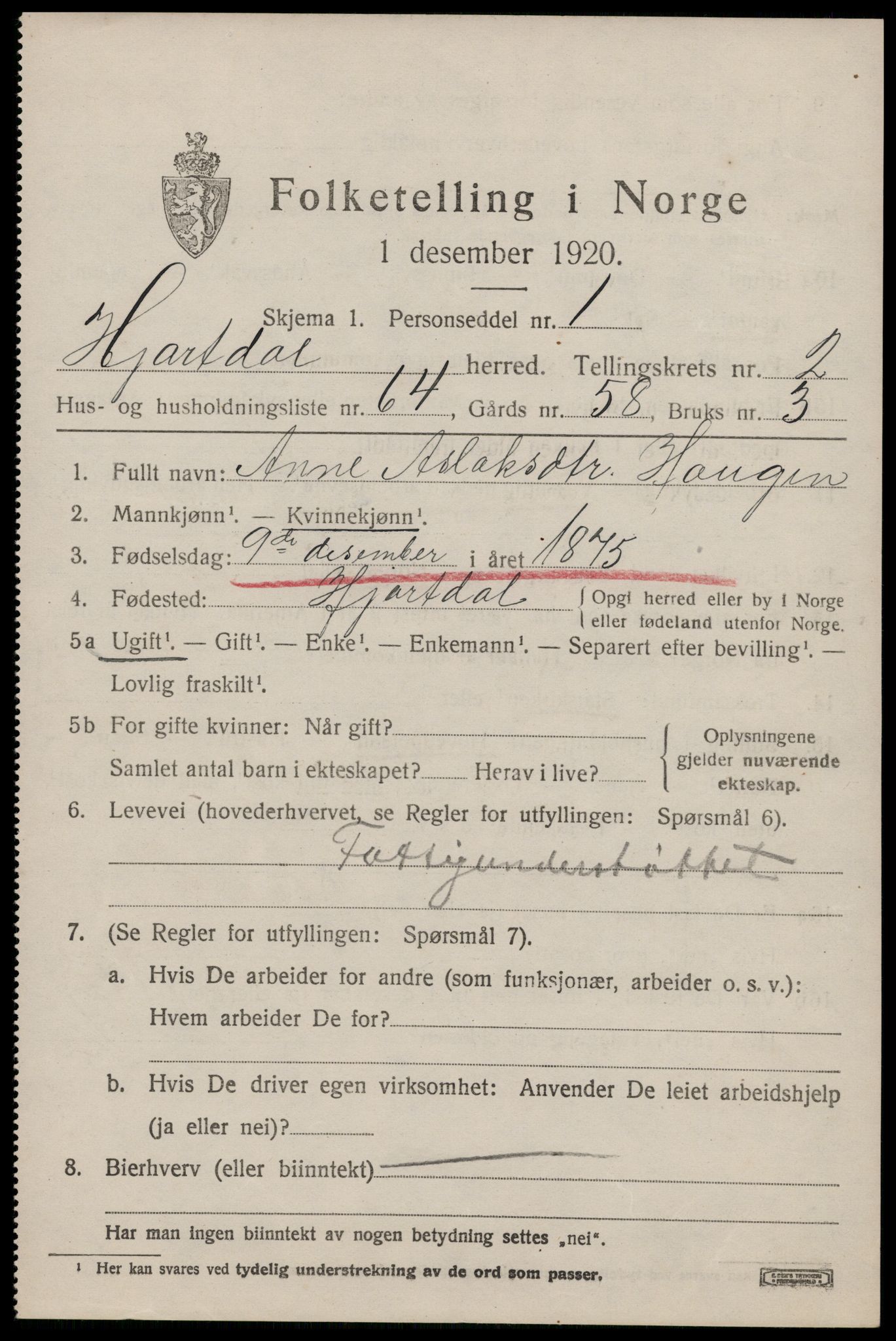 SAKO, 1920 census for Hjartdal, 1920, p. 2512