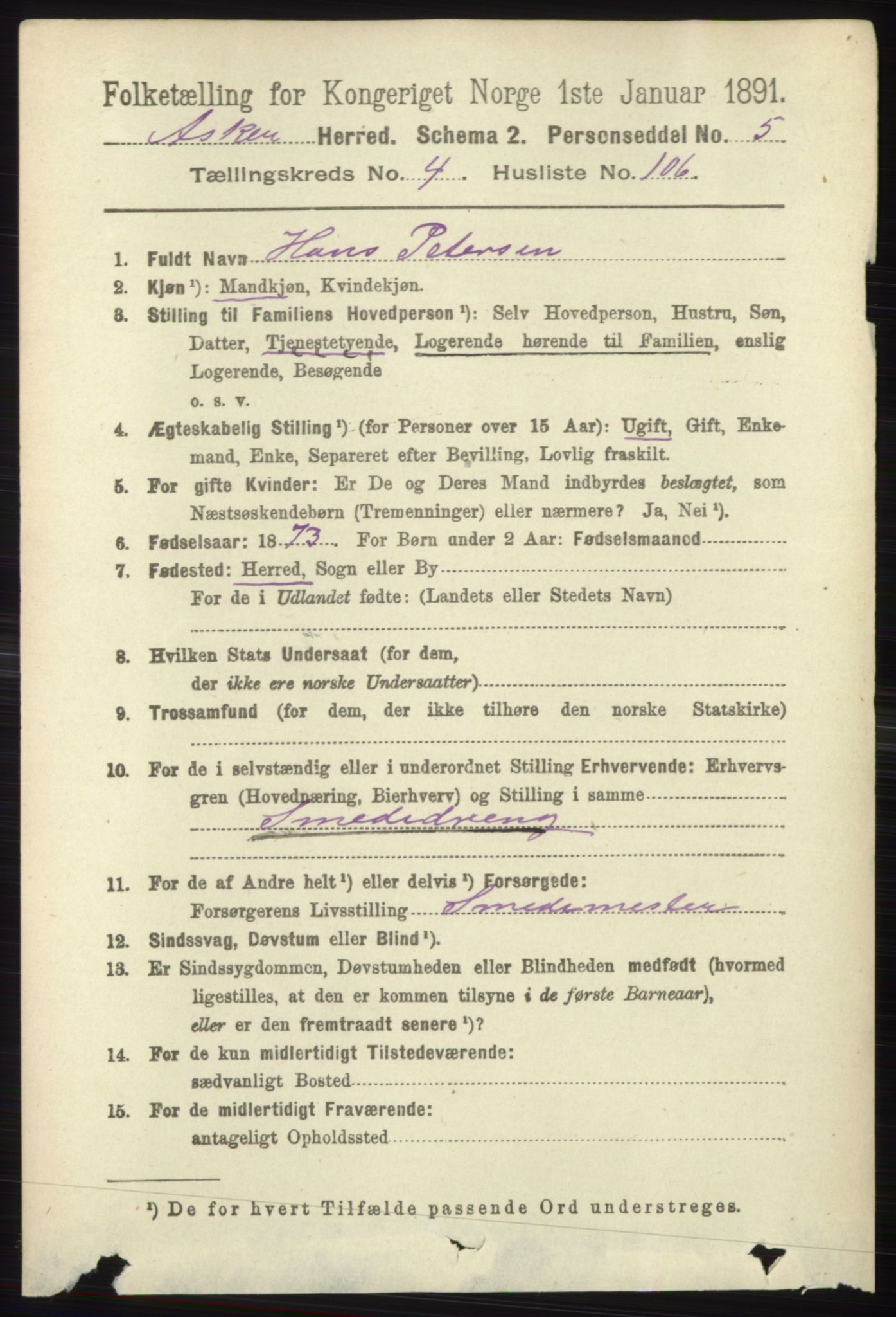 RA, 1891 census for 0220 Asker, 1891, p. 3629