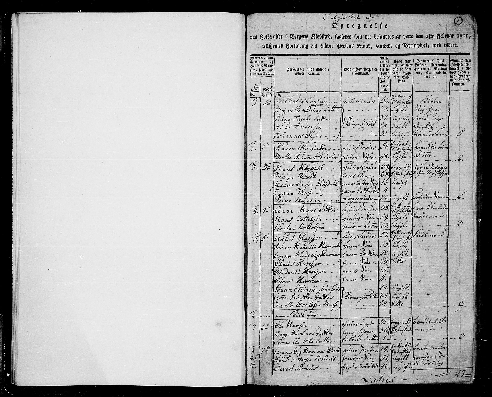 RA, 1801 census for 1301 Bergen, 1801, p. 1a